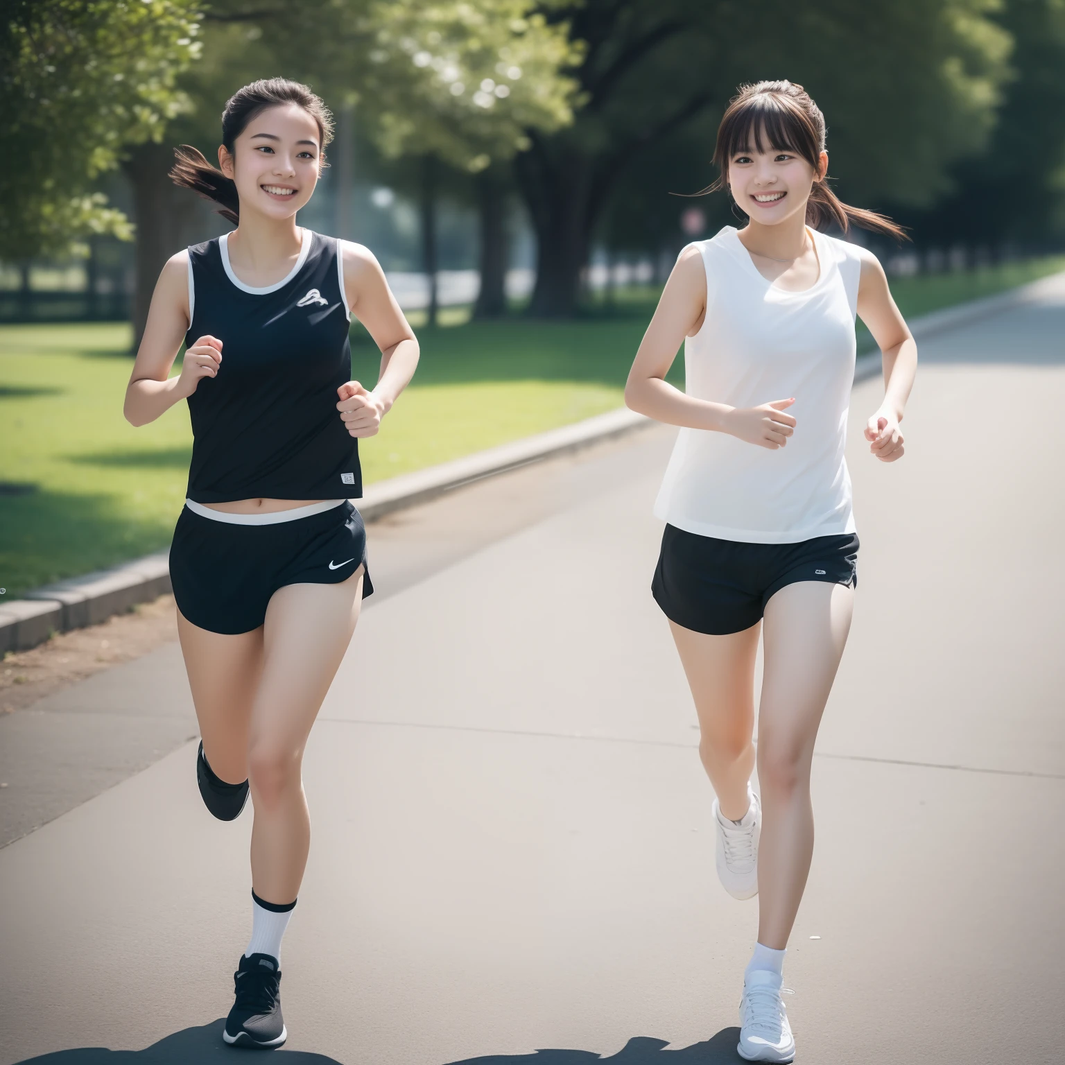 (Photorealistic),18-year-old Taiwanese girl,Popocate,Long bangs,White vest,Black sports shorts,White socks,White sneakers,running in the park,ssmile,(Best quality), (Masterpiece), (A high resolution), Original, Extremely detailed 8k wallpaper, (An extremely delicate) ,