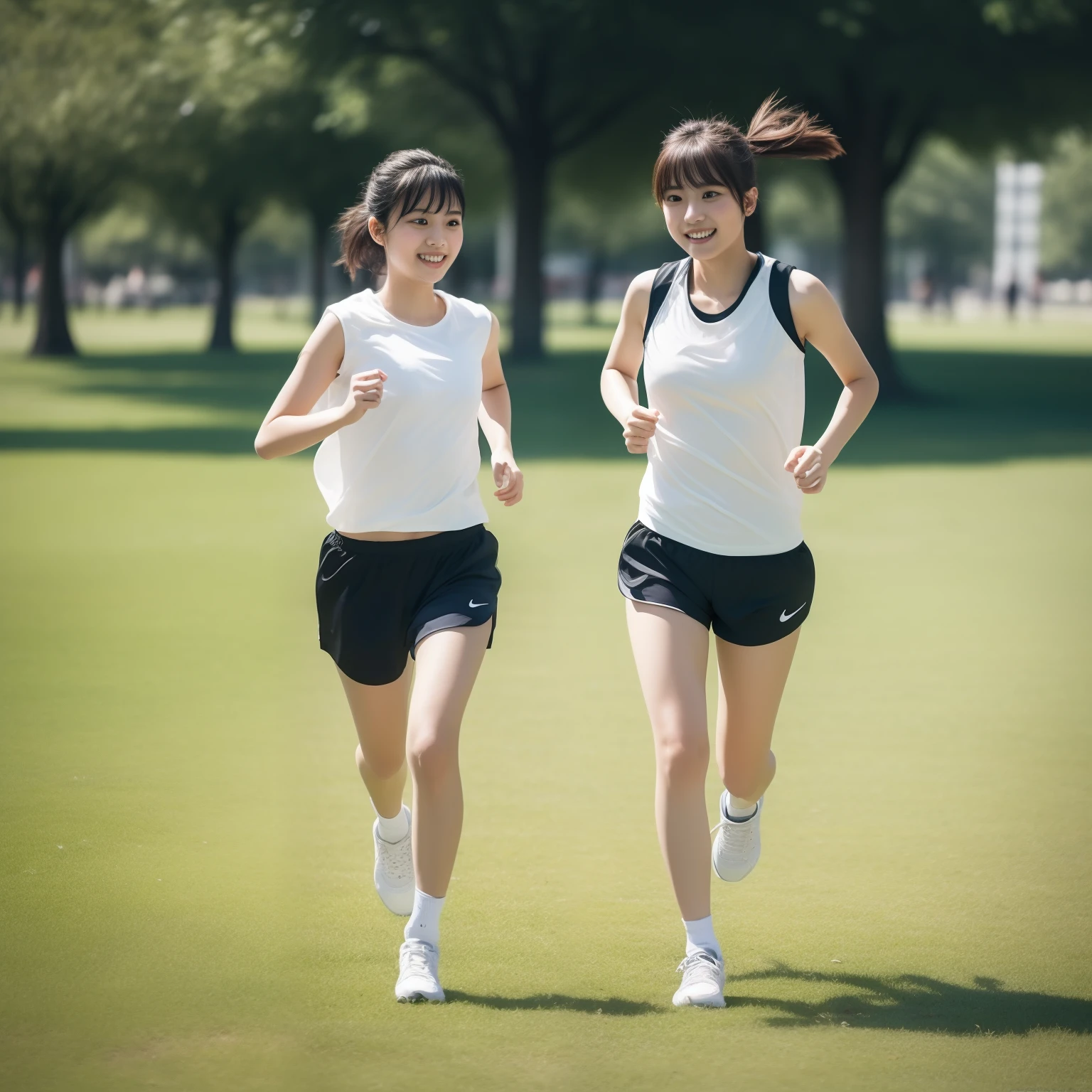 (Photorealistic),18-year-old Taiwanese girl，Popocate,Long bangs，White vest，Black sports shorts，White socks，White sneakers，running in the park，ssmile，(Best quality), (Masterpiece), (A high resolution), Original, Extremely detailed 8k wallpaper, (An extremely delicate) ,