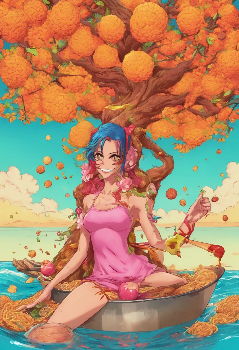 nami ,one piece, comiendo ramen con palillos, sentada bajo un arbol de cerezo