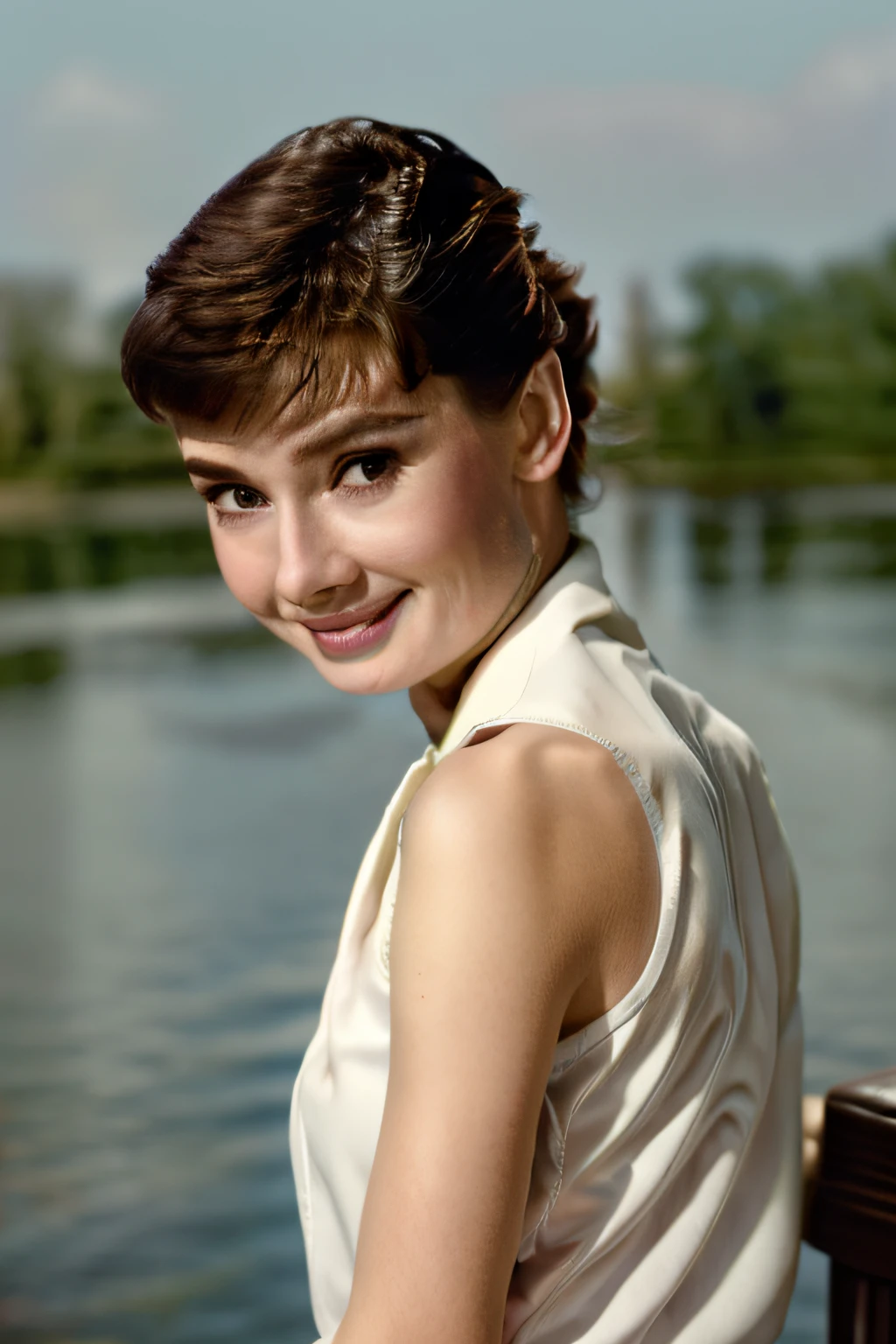 (8k, best quality, masterpiece:1.2), (realistic, photo-realistic:1.37), ultra-detailed,solo,1 girl, (skin dentation:1.2), (large breasts:1.3), (professional lighting, bokeh), (blouse:1.3), (portait:0.8), gorgeous, bloom, floating hair,(light particles, lens flare, glowing particles:0.6), (dynamic pose), specular lighting, soft lighting, head tilt, sunlight, looking at viewer, depth of field, (small head:1.43), pureerosface_v1