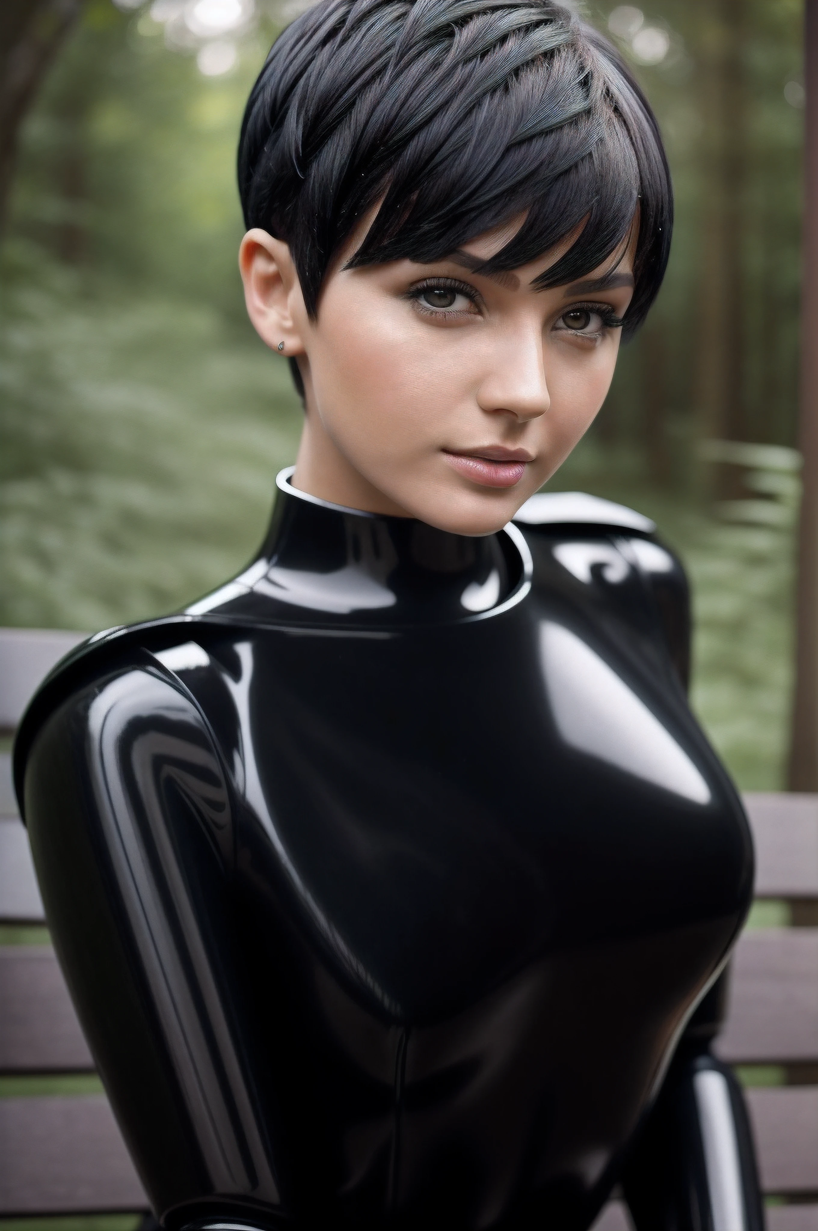 best picture quality, masterpiece, very high resolution, (fidelity: 1.4), photo, 1 android girl, girl is wet from the rain, shiny black steel, like ex-machina, her body is wet from the rain, her hair is wet from the rain, his clothes are wet from the rain, daytime, forest glade, best quality, 8k, masterpiece: 1.3, ultra-realistic, sitting on a bench posing for a photo, leaning towards the camera, ultra-realistic humanoid android, android female close-up, body made of black glossy steel, body of an ultra-modern robot, poses for a photo, short black hair in the shape of a fairy, head like Anastasia ovchinnikova, black short hair, short black hair cut in a pixie style, with short hair, head like Olga Buzova, short black hair, alina ivanchenko, short dark haircut, fairy haircut, fairy haircut, Julia Gorokhova, short dark hair, Masterpiece, (short black hair), outdoors, best quality, very high resolution, raw photo, bright diffused light,