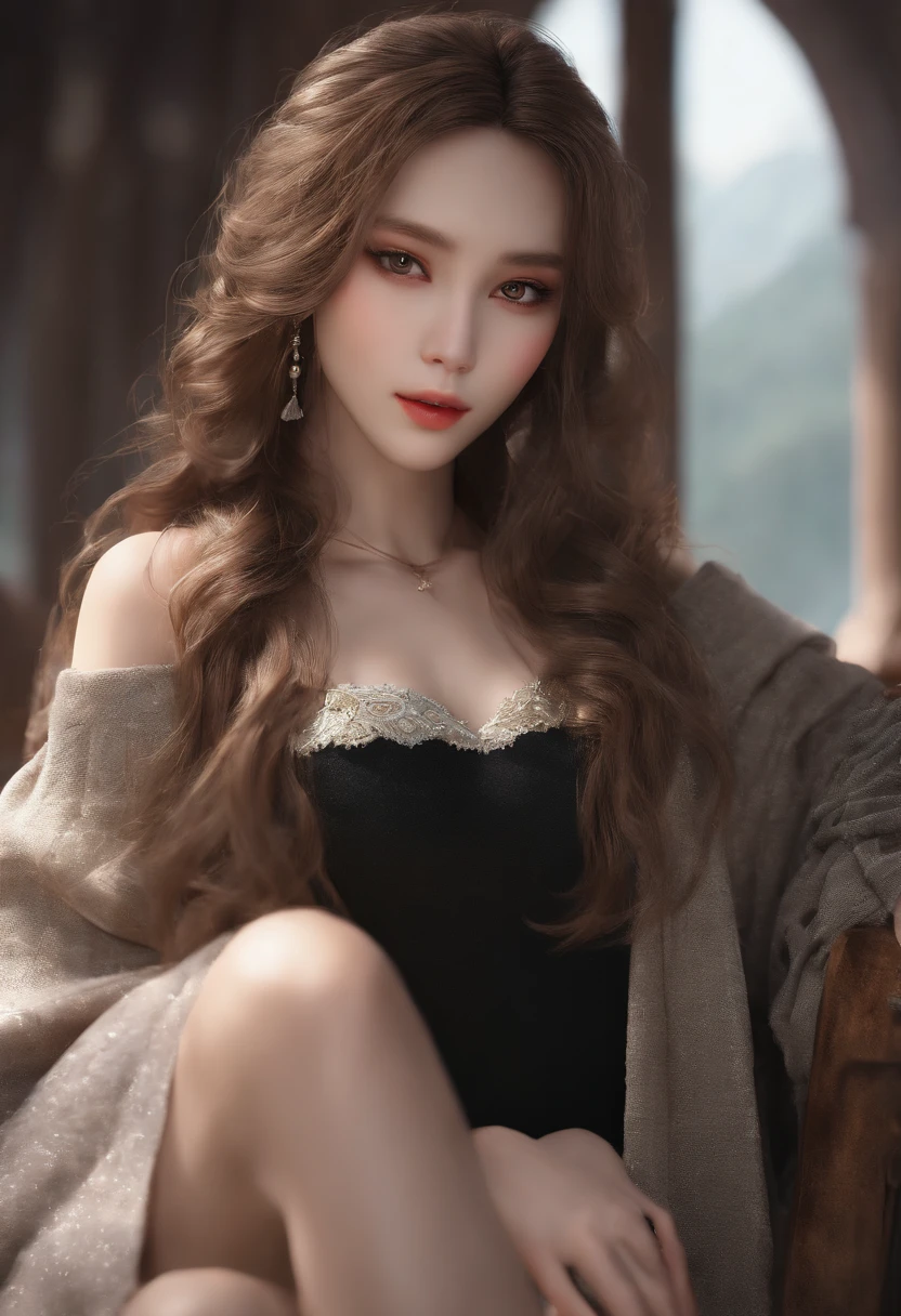 ((top-quality、8K、​masterpiece:1.3))、voluptuous woman、1girl in、(Slender figure:1.2)、dark brown  hair、hyperdetailed face、Detailed lips、A detailed eye、二重まぶた、(huge-breasted:1.2)、Random T-shirt、Random attire、random place、Specific women、Plain clothe、Dressing、NOWAI、ssmile、