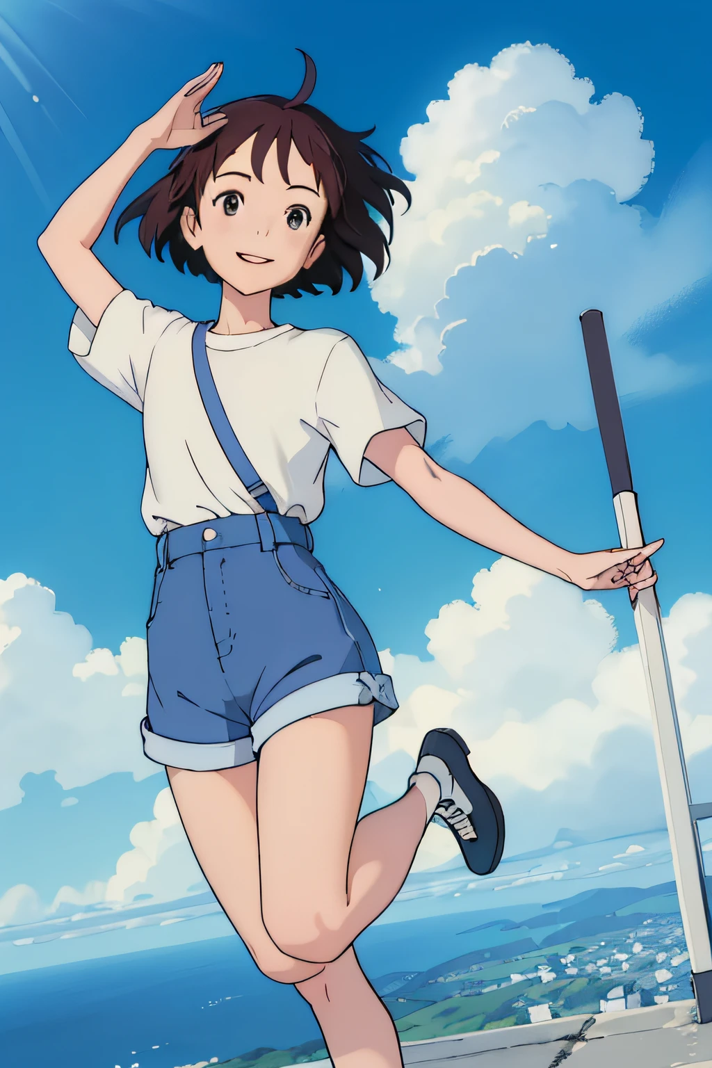 (masterpiece:1.4)、(top-quality:1.4)、(hight resolution:1.4)、A smile、girl with、Bob Hair、1 girl in、Summit of Mt、Plain oversized white shirt、Wearing shorts、Jump high、blue-sky、lo fi、Bold poses