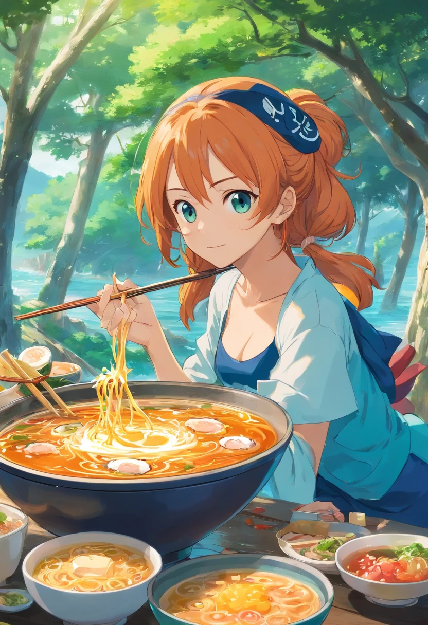 nami ,one piece, comiendo ramen con palillos, sentada bajo un arbol de cerezo