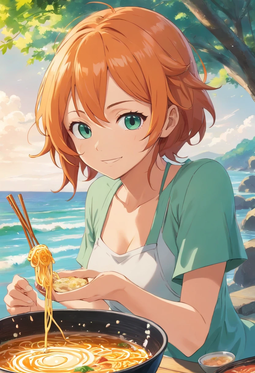 nami ,one piece, comiendo ramen con palillos, sentada bajo un arbol de cerezo