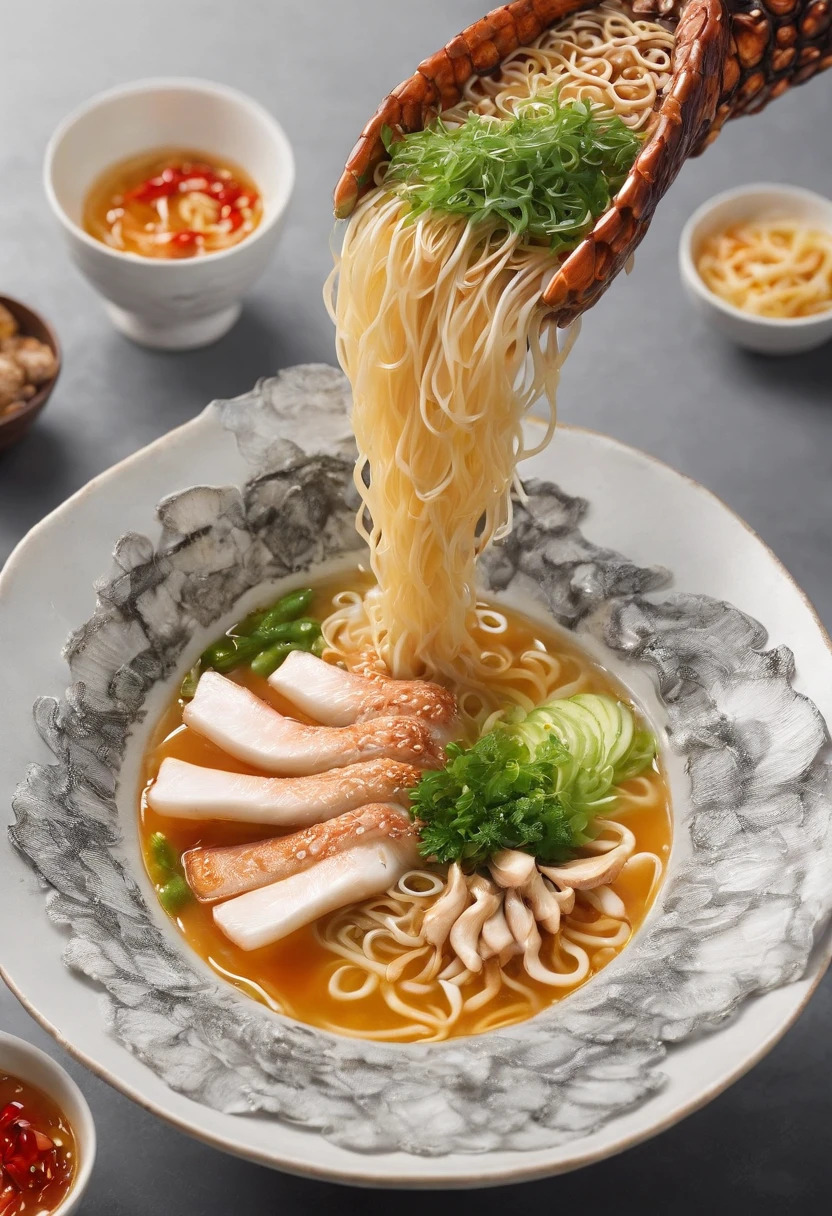a crocodile leg ramen, cinematic, professional photography, studio lighting, studio background, advertising photography, intricate details, hyper-detailed, ultra realistic, 8K UHD