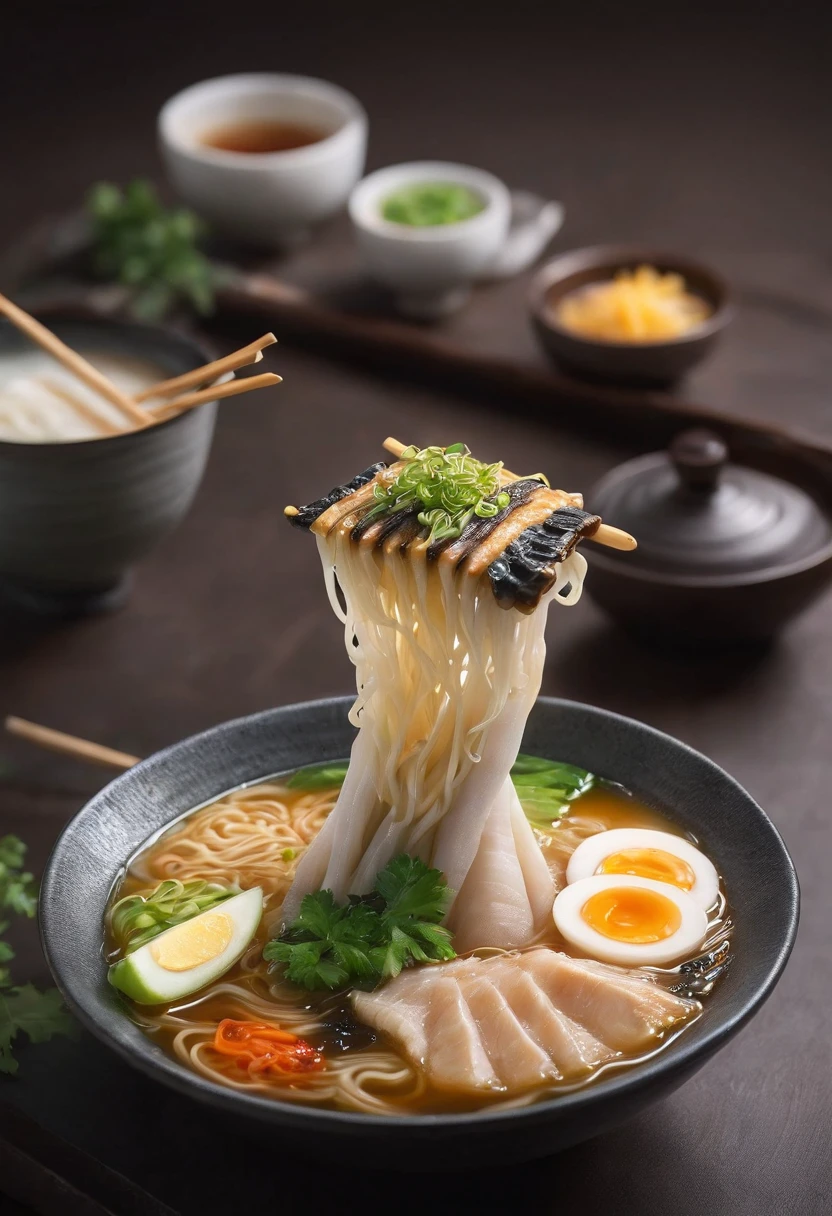 a crocodile leg ramen, cinematic, professional photography, studio lighting, studio background, advertising photography, intricate details, hyper-detailed, ultra realistic, 8K UHD