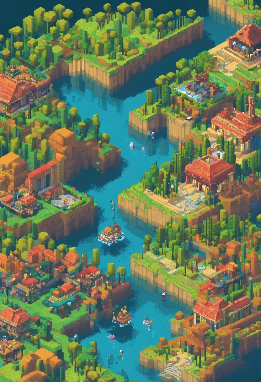 Pixel art tourism destination landscape. Evening. 3D pixel art 4K wallpaper. Incredible pixel art detail. Pixel art. Steam waves. Detailed Unreal Engine pixel art