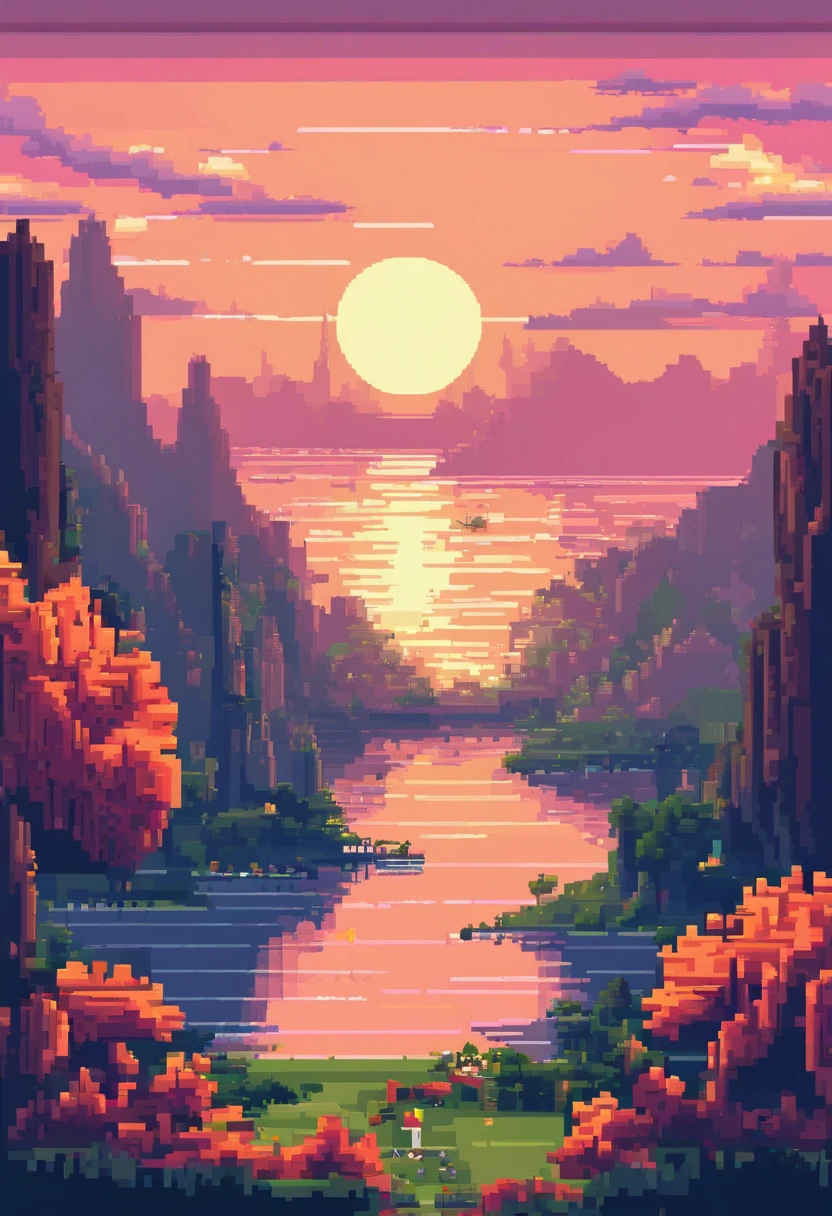 Pixel art tourism destination landscape. Evening. 3D pixel art 4K wallpaper. Incredible pixel art detail. Pixel art. Steam waves. Detailed Unreal Engine pixel art