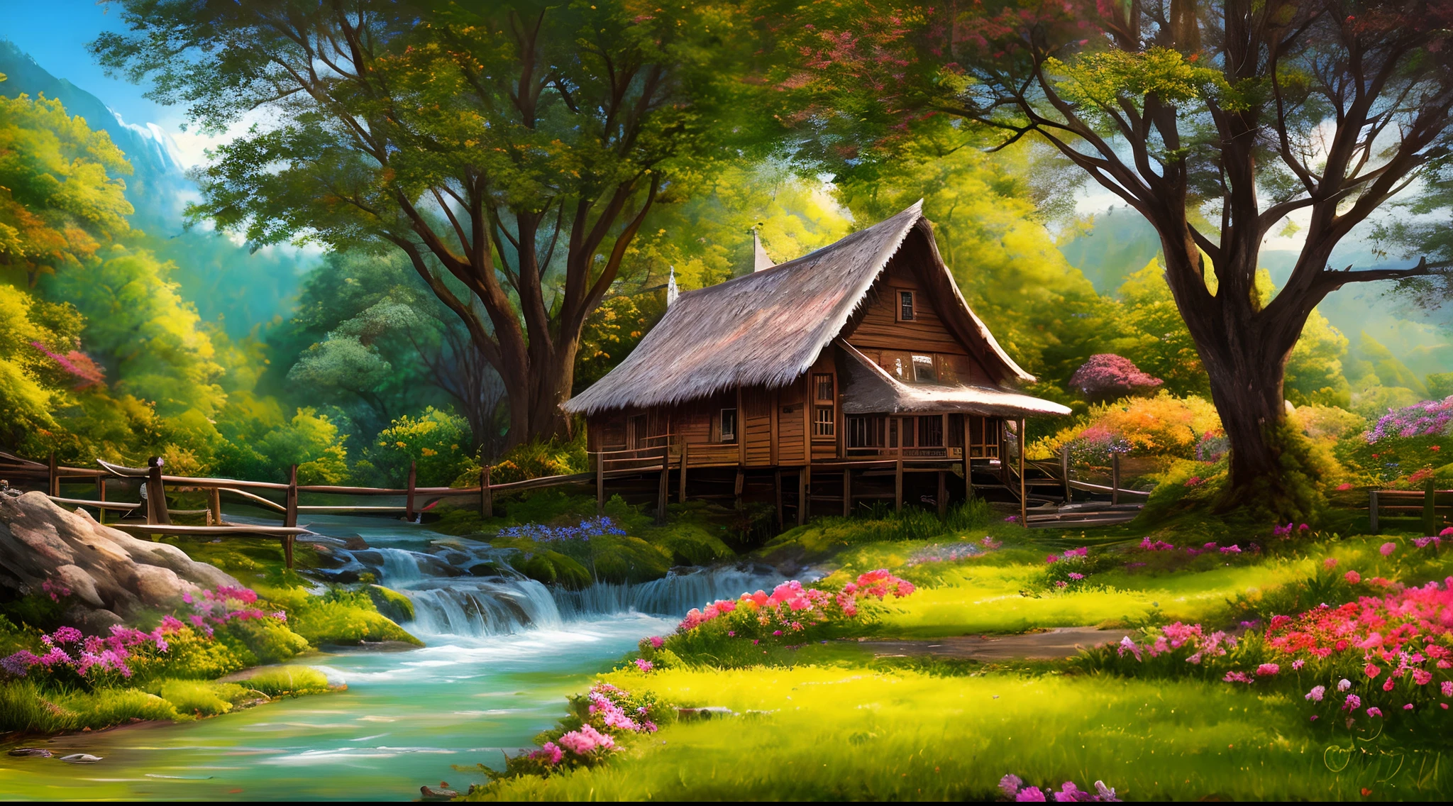 There is a hut under the big tree, beside of the stream, mountain background, , flowers beside fence, masterpiece, best quality, high quality, extremely detailed CG unity 8k wallpaper, An enchanting and dreamy scene of a fantasy forest, with towering trees, glowing mushrooms, and hidden fairy glens, creating a sense of mystique and enchantment, art station, digital illustration, intricate, trending, pastel colors, oil paiting, award winning painting, Bokeh, Depth of Field, HDR, bloom, Chromatic Aberration ,Hyper realistic ,extremely detailed, trending on art station, trending on CGsociety, Intricate, High Detail, dramatic, art by midjourney