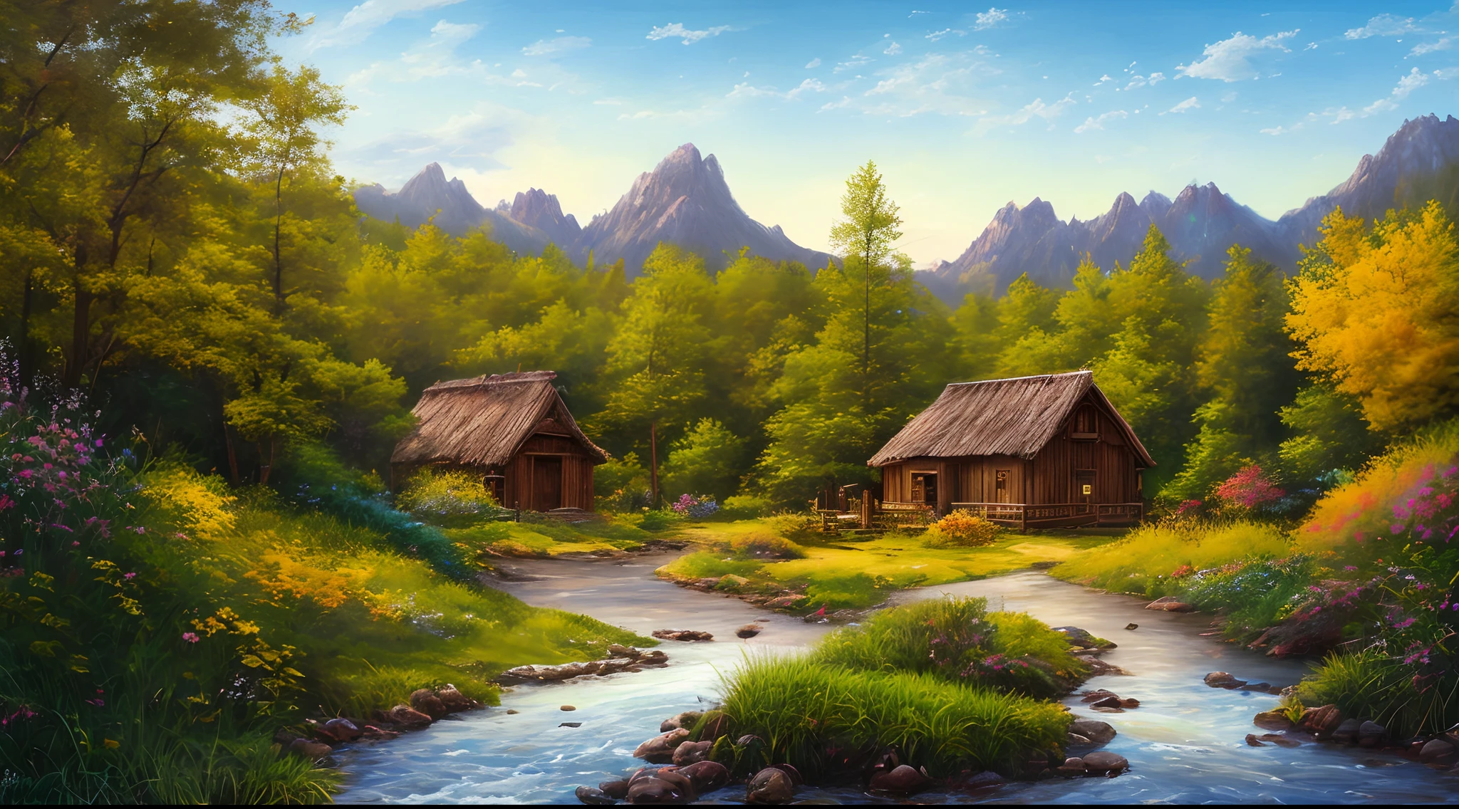 There is a hut under the big tree, beside of the stream, mountain background, , flowers beside fence, masterpiece, best quality, high quality, extremely detailed CG unity 8k wallpaper, An enchanting and dreamy scene of a fantasy forest, with towering trees, glowing mushrooms, and hidden fairy glens, creating a sense of mystique and enchantment, art station, digital illustration, intricate, trending, pastel colors, oil paiting, award winning painting, Bokeh, Depth of Field, HDR, bloom, Chromatic Aberration ,Hyper realistic ,extremely detailed, trending on art station, trending on CGsociety, Intricate, High Detail, dramatic, art by midjourney