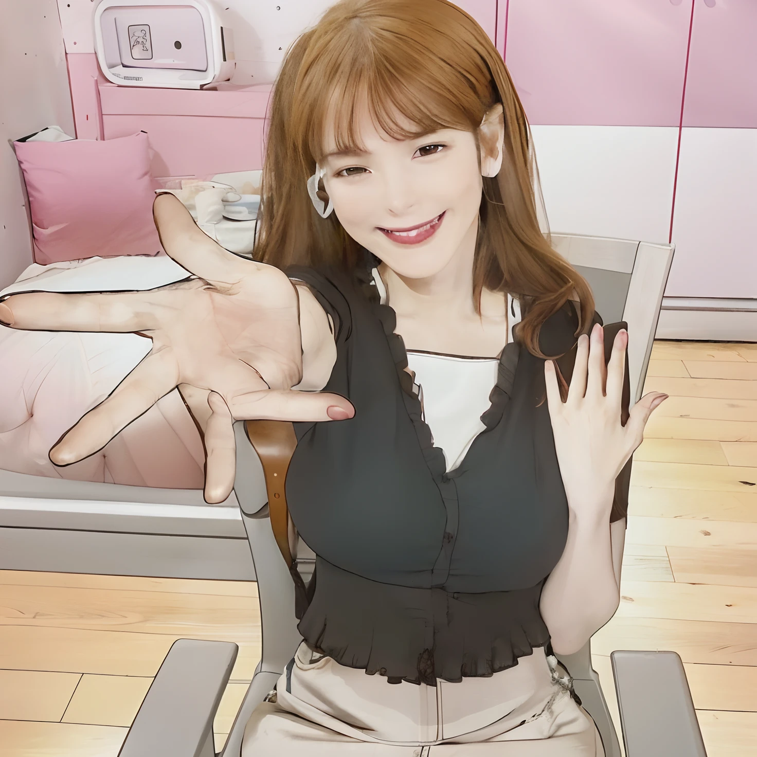 1 girl sitting in a chair with,smile, brown hair, masterpiece, best image quality, realistic, ultra detail, ultra reakustic, photograpy,very detail, very realistic, high quality