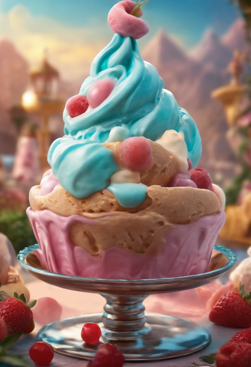 （Huge ice cream）,illustration,Realistic Shading,Extraordinary details,Pastel colors,magical lighting,Fine texture,Pink fluffy clouds,Sparkling sprinklers,Delicate cones,Whimsical atmosphere,Joyful emotions,Dreamy background,Happy child,Delicious dessert,Soft serve ice cream,the ice cream shop,Vibrant colors,Candy toppings,fairy tale setting,The window is displayed,Lively scene,Cherry on top,Elegant whirlpool,Playful imagination,Captivating moments,A fun-filled experience,Creamy texture,Sweet taste,Irresistible temptation,Summer cuisine,Refreshing delight,Fantasy world