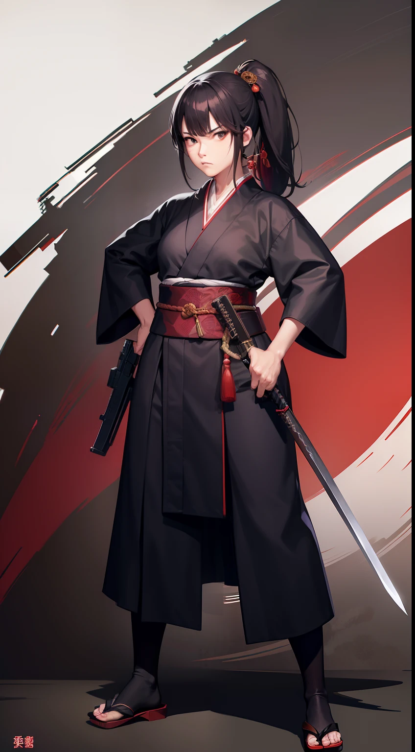 Holding a Japan sword in his right hand、Holding a machine gun in his left hand、((Women in Japan))、18year old、Yakuza、poneyTail、Glaring face、wearing kimonos、Full body portrait
