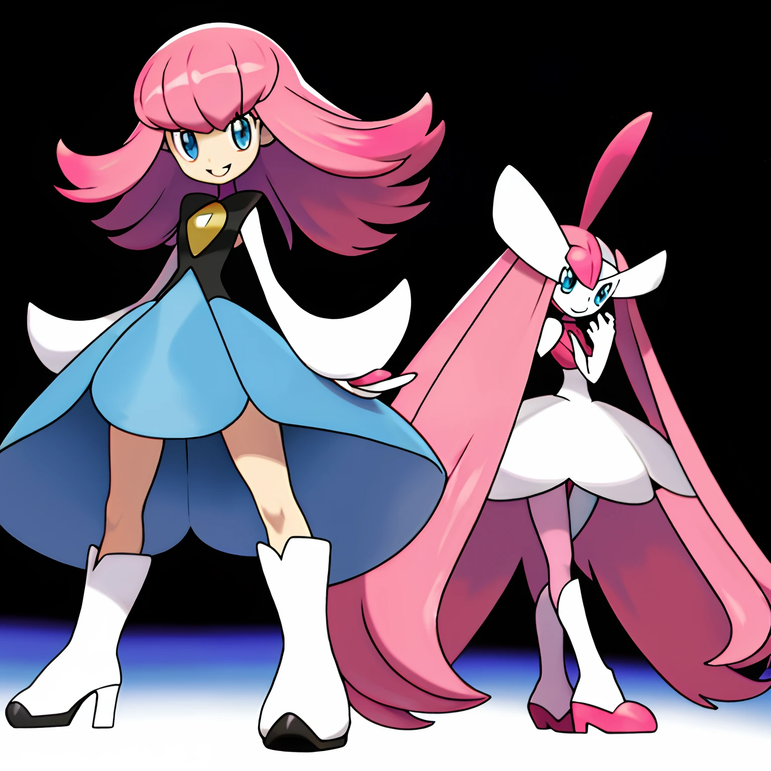 sugimori ken \(Style\), 1girll, Bigchest, blue color eyes, Pink hair,long whitr hair , White boots，white dresses, Creatures \(co\), game freak, Gloria (Pokemon), A high resolution, Legs, view the viewer, Nintendo, offcial art, Pokemon, Pokemon \(gaming console\), Pokemon SWSH, Light smile, sugimori ken, tart \(Illustrator\), Thighs, Stand next to Pokemon \(organism\)