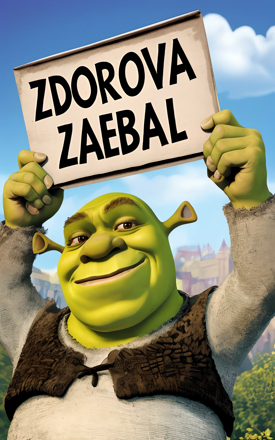 a close up of a cartoon character holding a sign, shrek, portrait of shrek, the duke shrek, shrek portrait, shrek faced, donald trump as shrek, shrek doing ballet, mack sztaba, zabrocki, shrek with red eyes, zdzislaw, dreamworks animation, zdislaw beksinsi, full og shrek, shrek as captain america