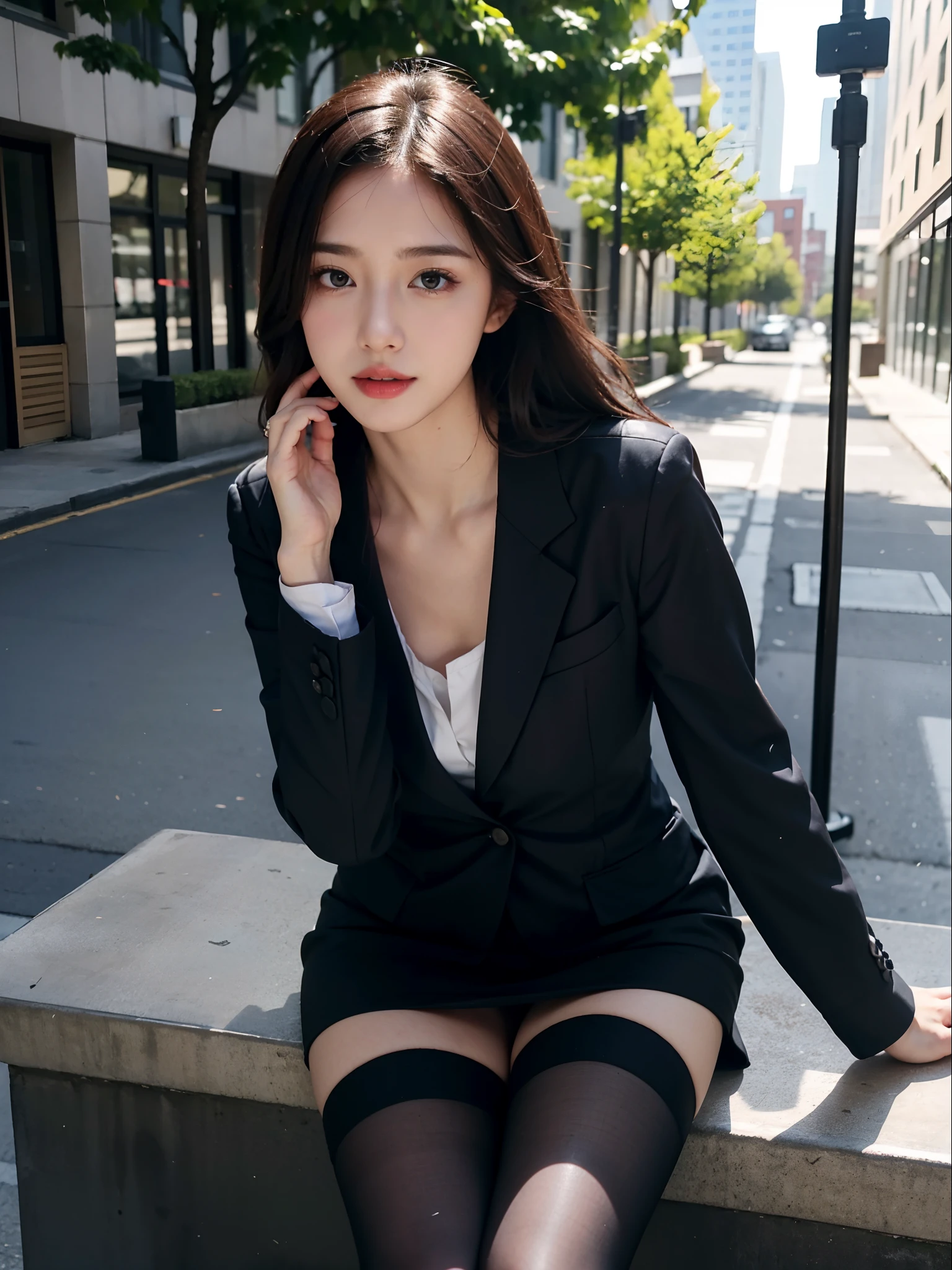 Araffe asian woman in a black suit sitting on a bench - SeaArt AI