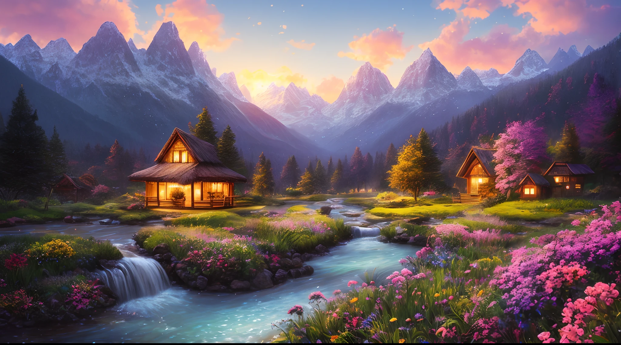 There is a hut under the big tree, beside of the stream, mountain background, , flowers beside fence, masterpiece, best quality, high quality, extremely detailed CG unity 8k wallpaper, An enchanting and dreamy scene of a fantasy forest, with towering trees, glowing mushrooms, and hidden fairy glens, creating a sense of mystique and enchantment, art station, digital illustration, intricate, trending, pastel colors, oil paiting, award winning painting, Bokeh, Depth of Field, HDR, bloom, Chromatic Aberration ,Hyper realistic ,extremely detailed, trending on art station, trending on CGsociety, Intricate, High Detail, dramatic, art by midjourney