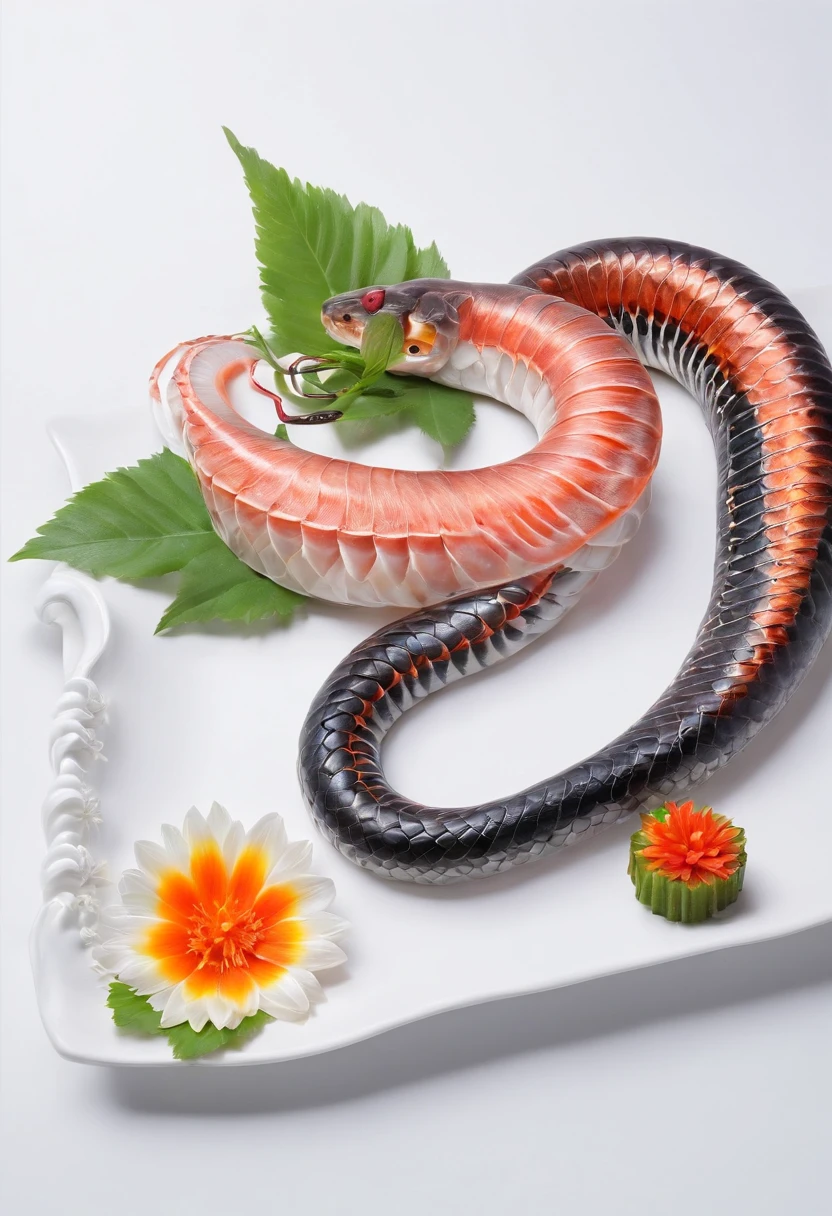 a Cobra snake sashimi, cinematic, professional photography, studio lighting, studio background, advertising photography, intricate details, hyper-detailed, ultra realistic, 8K UHD