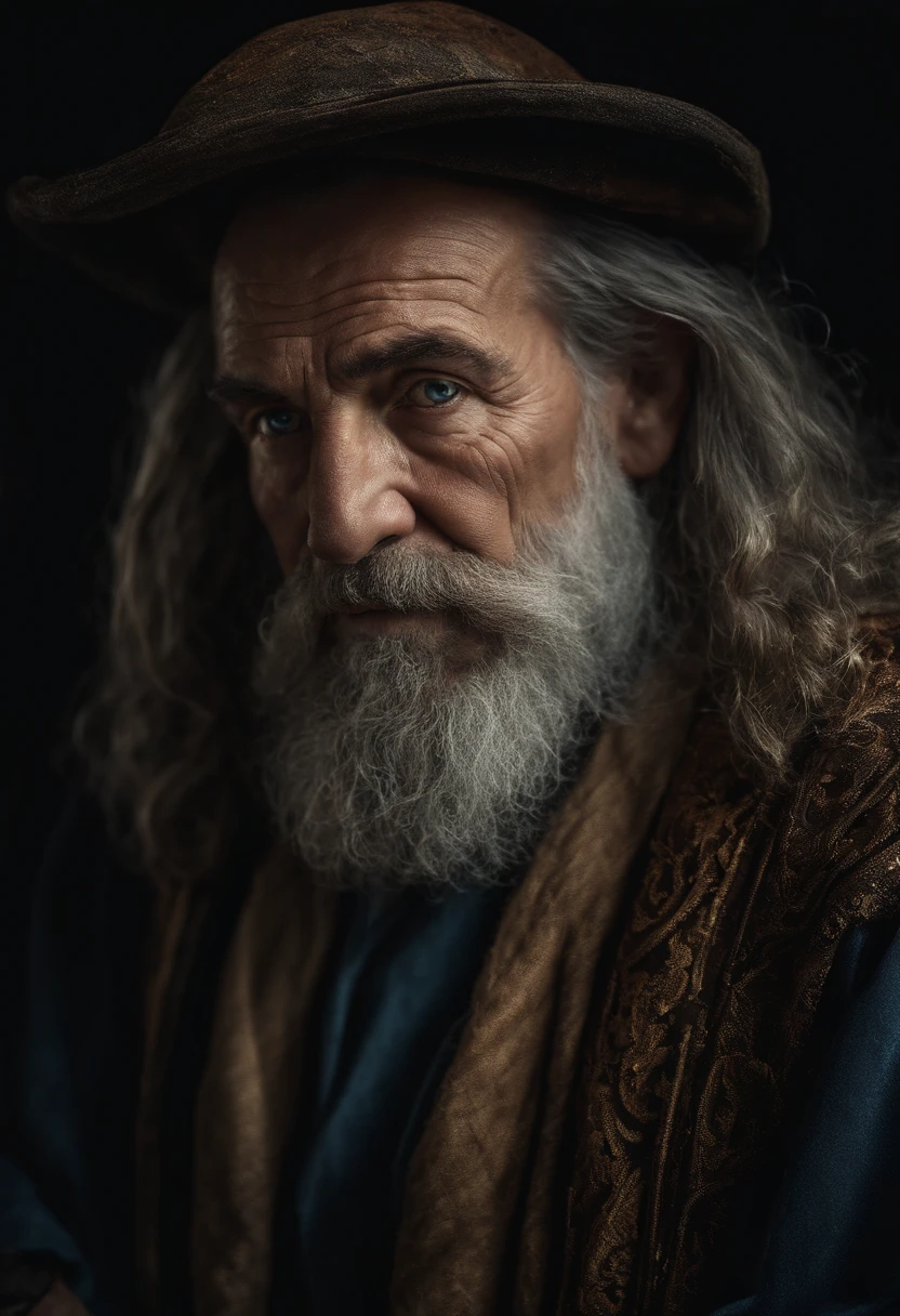 A portrait of a wizard, bearded, wrinkled, weathered, with piercing eyes, detailed face, high details, photography, dark studio, rim light, Nikon D850, 50mm, f/1.4