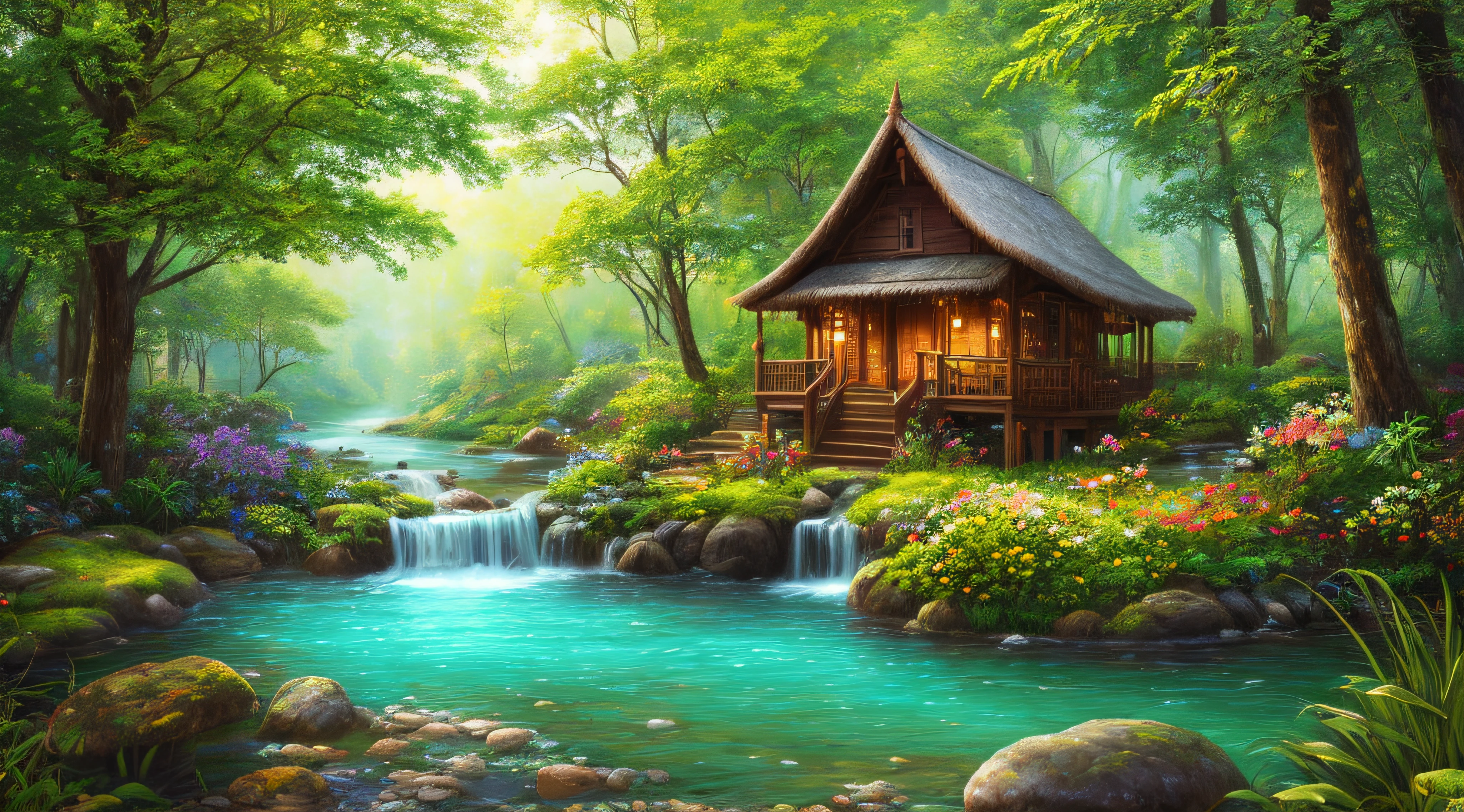 There is a hut under the big tree, beside of the stream, two boat in the water, mountain background, , flowers beside fence, masterpiece, best quality, high quality, extremely detailed CG unity 8k wallpaper, An enchanting and dreamy scene of a fantasy forest, with towering trees, glowing mushrooms, and hidden fairy glens, creating a sense of mystique and enchantment, art station, digital illustration, intricate, trending, pastel colors, oil paiting, award winning painting, Bokeh, Depth of Field, HDR, bloom, Chromatic Aberration ,Hyper realistic ,extremely detailed, trending on art station, trending on CGsociety, Intricate, High Detail, dramatic, art by midjourney