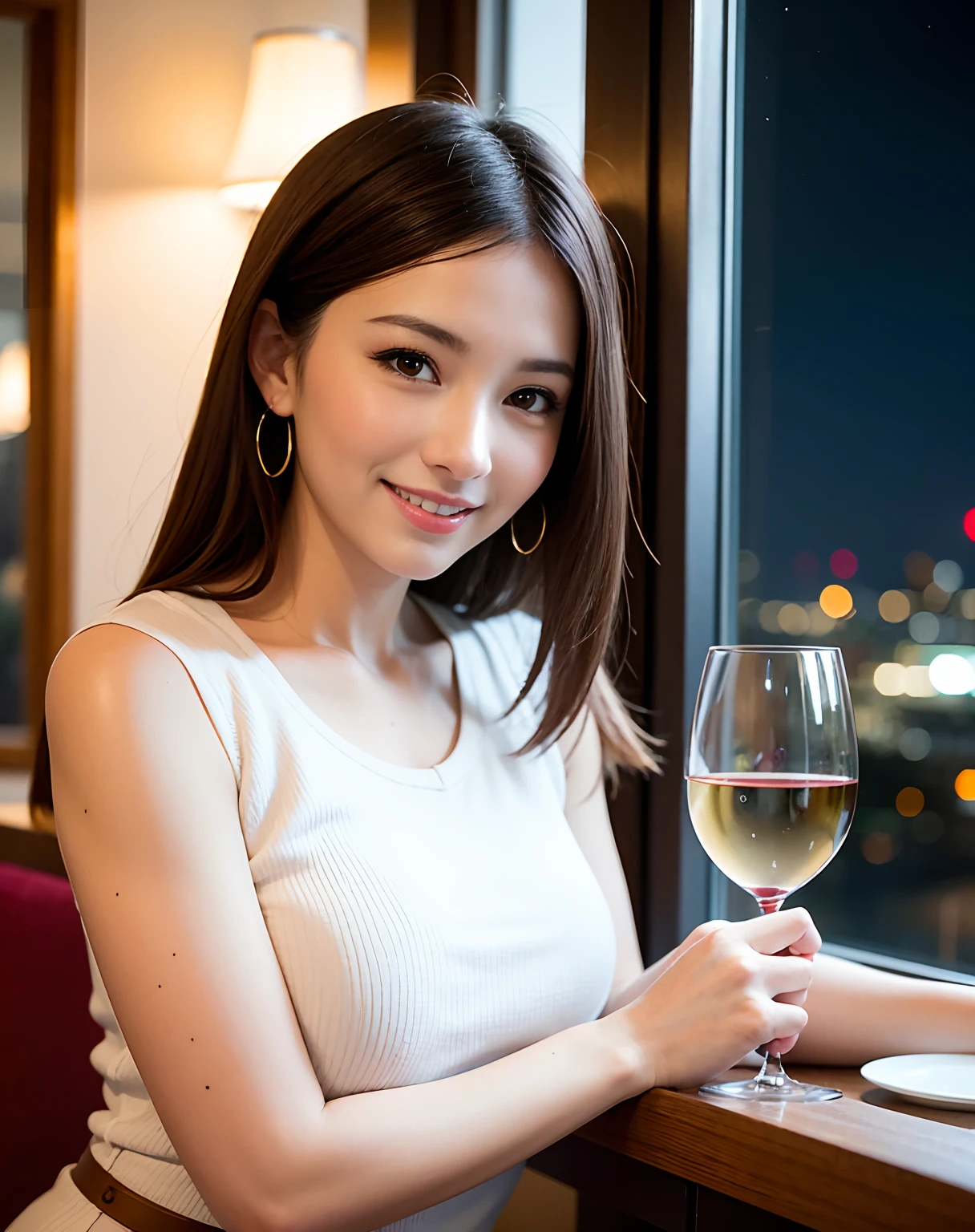 (64K, UHD, top quality, masterpiece: 1.2), (realistic, photorealistic: 1.37), super detailed, pretty woman 1 person, (slim face), (slim body), (brown hair), (short cut), cheeks slightly blushing, (44 years old), 38 years old, solo, beautiful detailed urban night view outside the window, restaurant, wine glasses sit, at night, in a prominent placeNovaFrogStyle, Actress, Model, Waist Up, White Wine, Slim, Wine Glass, Super Clean Night View, Wine Glass Put in the Middle, Happy Smile, (Smile: 1.15), Beautiful Fine Eyes, Upper Body, Bust Japan Up, Night, Short, Short, Actress, Model, Waist Up, White Wine, Slim, Wine Glass, Super Clean Night View, Wine Glass Put in the Middle, Happy Smile,