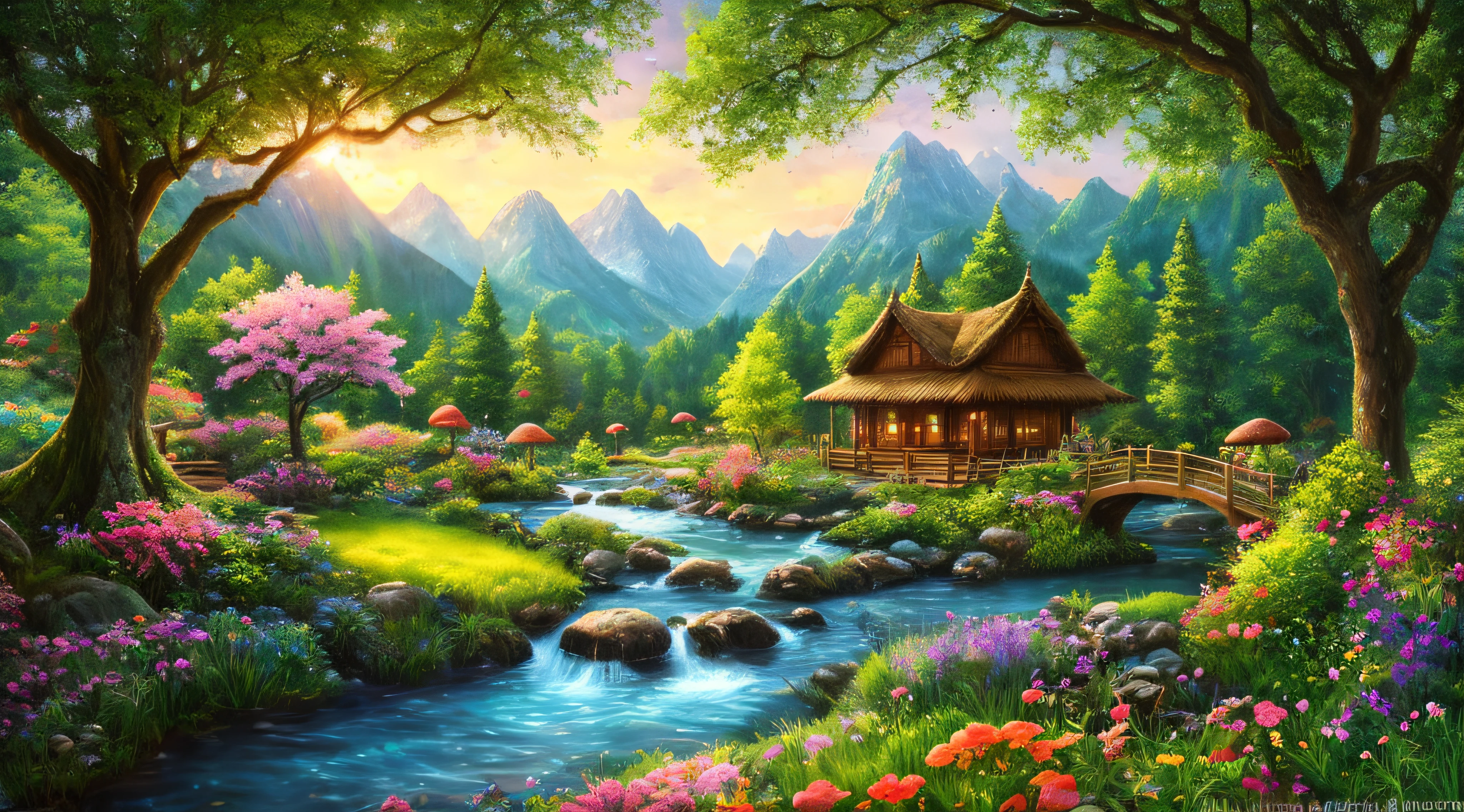 There is a hut under the big tree, beside of the stream, two boat in the water, mountain background, , flowers beside fence, masterpiece, best quality, high quality, extremely detailed CG unity 8k wallpaper, An enchanting and dreamy scene of a fantasy forest, with towering trees, glowing mushrooms, and hidden fairy glens, creating a sense of mystique and enchantment, art station, digital illustration, intricate, trending, pastel colors, oil paiting, award winning painting, Bokeh, Depth of Field, HDR, bloom, Chromatic Aberration ,Hyper realistic ,extremely detailed, trending on art station, trending on CGsociety, Intricate, High Detail, dramatic, art by midjourney