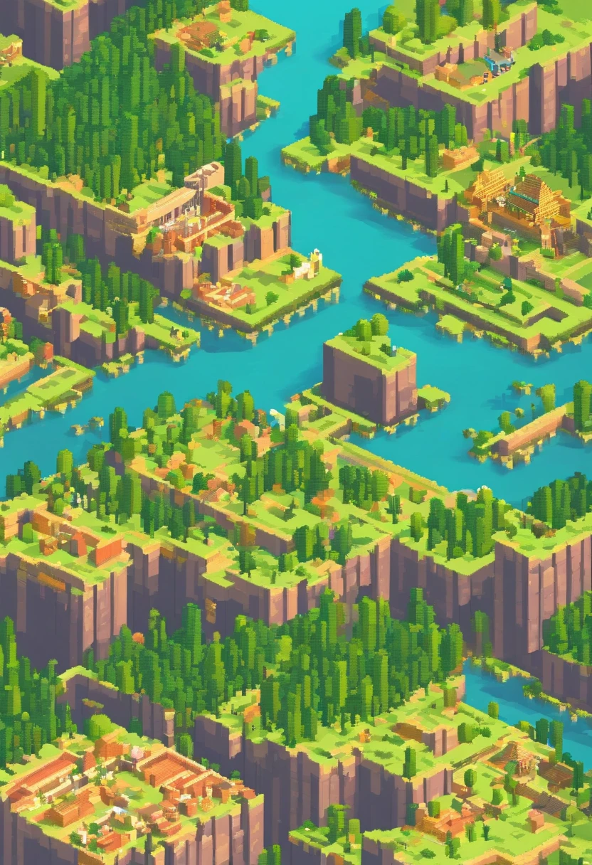 Pixel art tourism destination landscape. Morning. 3D pixel art 4K wallpaper. Incredible pixel art detail. Pixel art. Detailed Unreal Engine pixel art