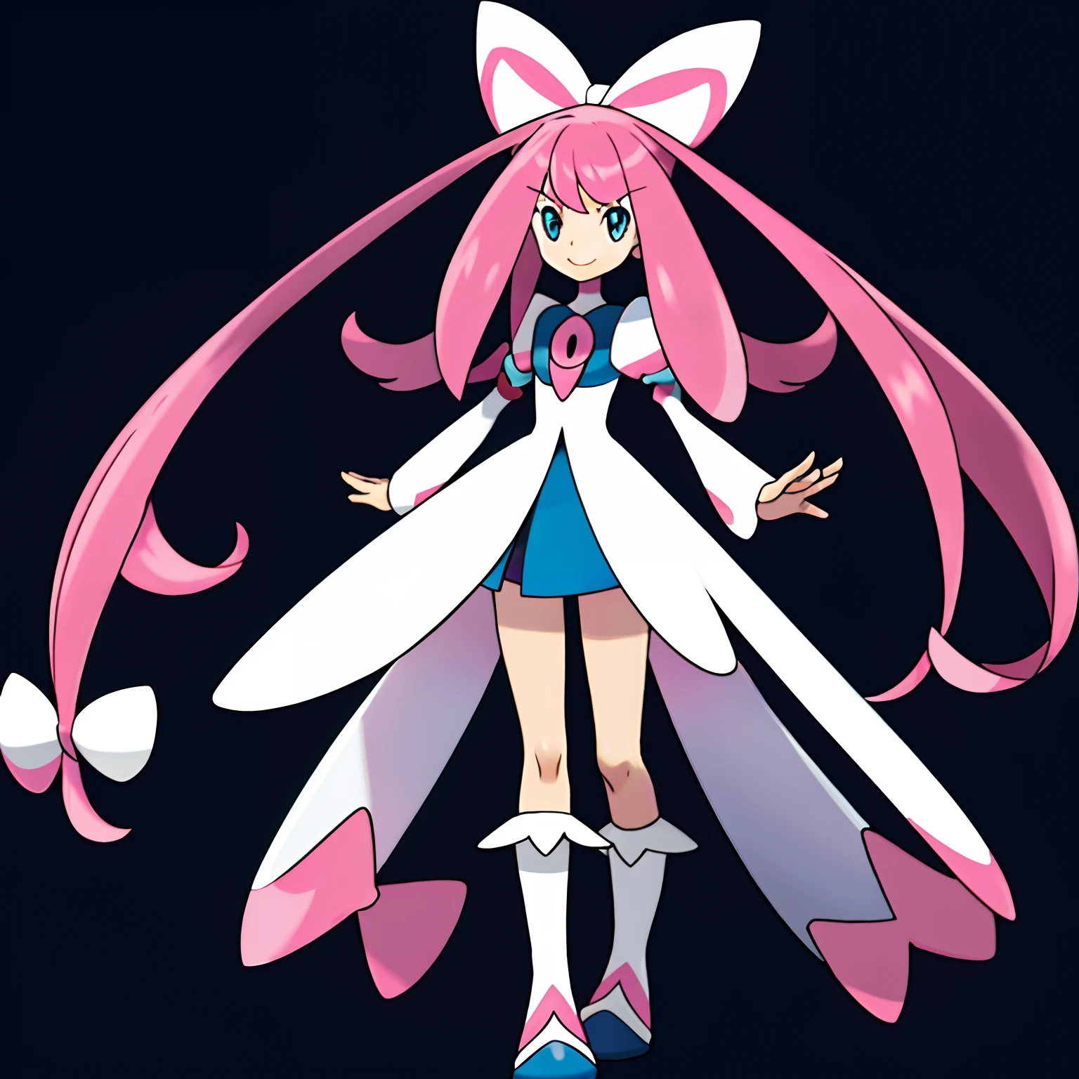 sugimori ken \(Style\), 1girll, Bigchest, blue color eyes, Pink hair,long whitr hair , White boots,white dresses, pink bows,Blue and pink ribbons,Creatures \(co\), game freak, Gloria (Pokemon), A high resolution, Legs, view the viewer, Nintendo, offcial art, Pokemon, Pokemon \(gaming console\), Pokemon SWSH, Light smile, sugimori ken, tart \(Illustrator\), Thighs, Stand next to Pokemon \(organism\)