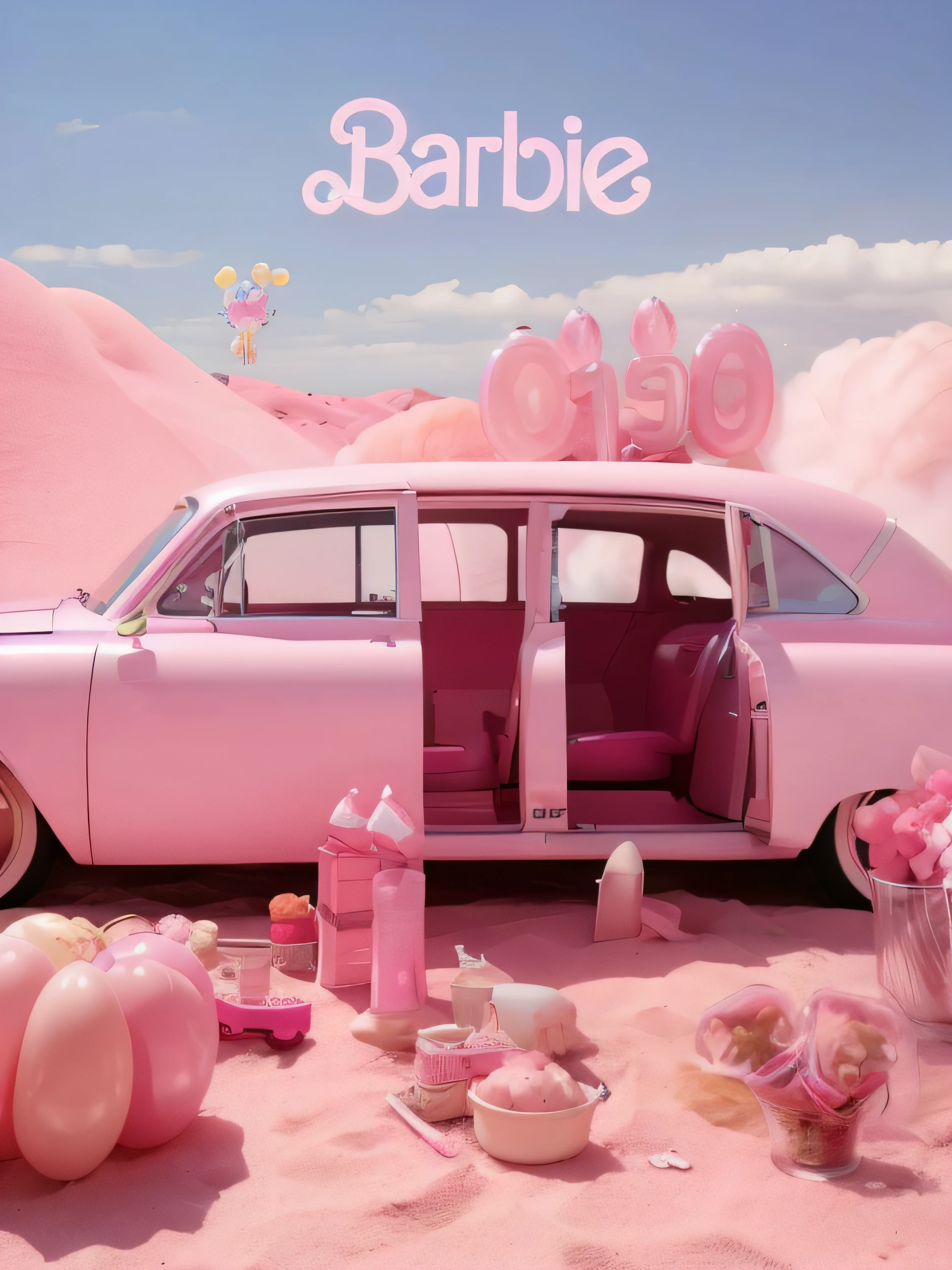 Pink car with pink flowers and pink balloons on the beach, Barbie, 5 0 s aesthetic, David LaChapelle, Pink vibe, Aesthetic!!, inspired by David LaChapelle, Aesthetic!!!!, in style of petra collins, an aesthetic!, made of cotton candy, pink iconic character, Aesthetic!, in the style of beeple, Beeple e James Jean