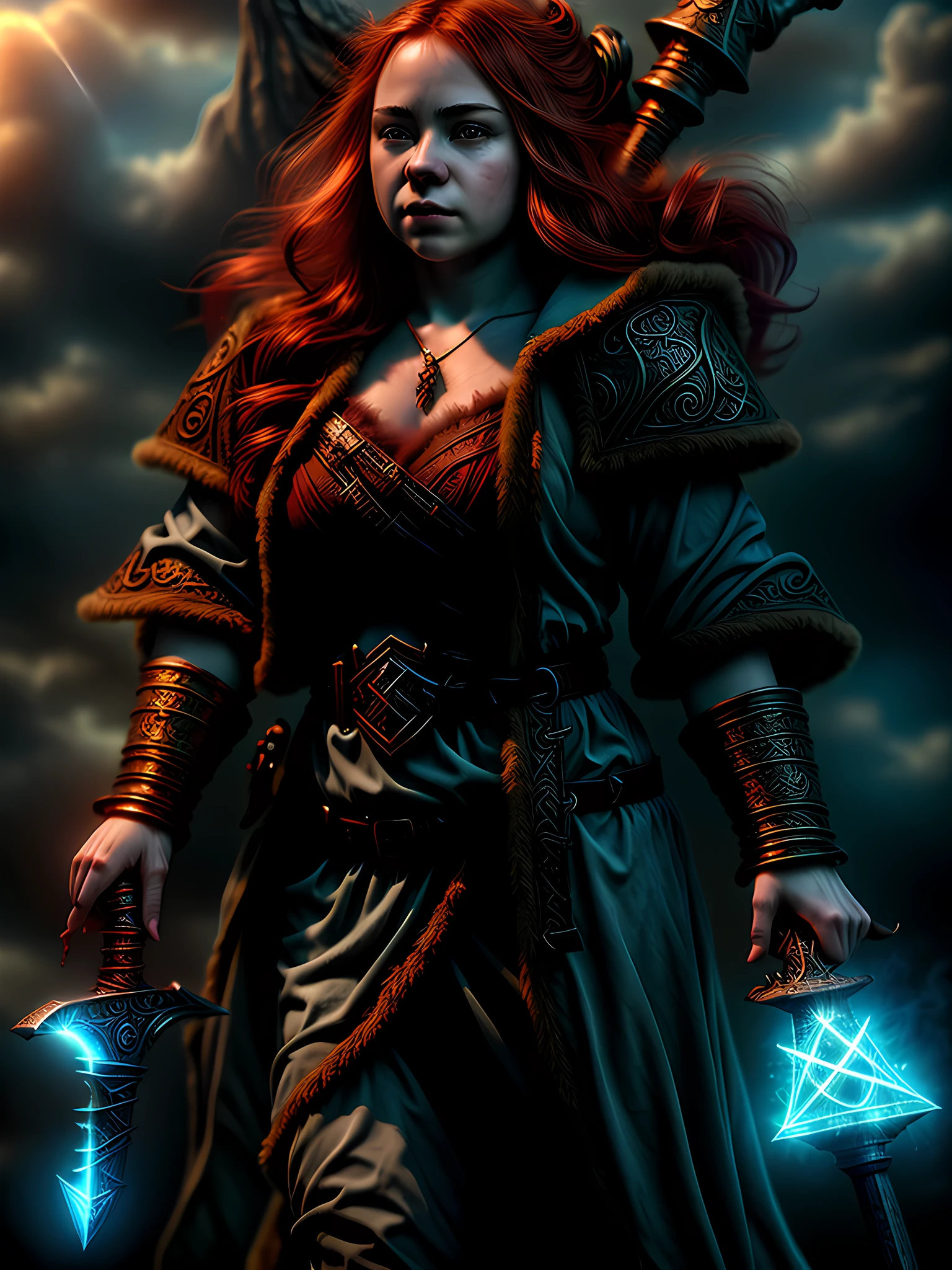 high details, best quality, 8k, [ultra detailed], masterpiece, best quality, (extremely detailed), dynamic angle, ultra wide shot, photorealistic, fantasy art, dnd art, rpg art, realistic art, an ultra wide picture of female dwarf cleric, holding axe with red fire on it , casting a spell, wearing heavy armor, white armor (best details, Masterpiece, best quality: 1.5), blue cloak (intricate details, Masterpiece, best quality), holy symbol,(best details, Masterpiece, best quality: 1.5),  from symbol GlowingRunes_paleblue, beautiful female dwarf, ultra detailed face, ultra feminine, red hair, intense eyes, green eyes, D&D female dwarf (best details, Masterpiece, best quality: 1.5) fantasy temple background, celestial background, ((divine worship atmosphere)), high details, best quality, highres, ultra wide angle