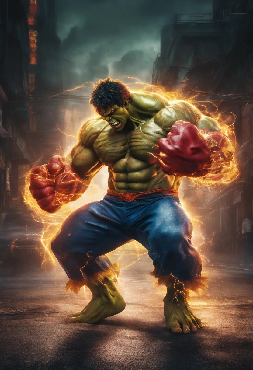 realistic 3d rendering of the incredible Hulk fused the Flash, surrounded by lightning, big muscular, full body photography, hyperrealistic