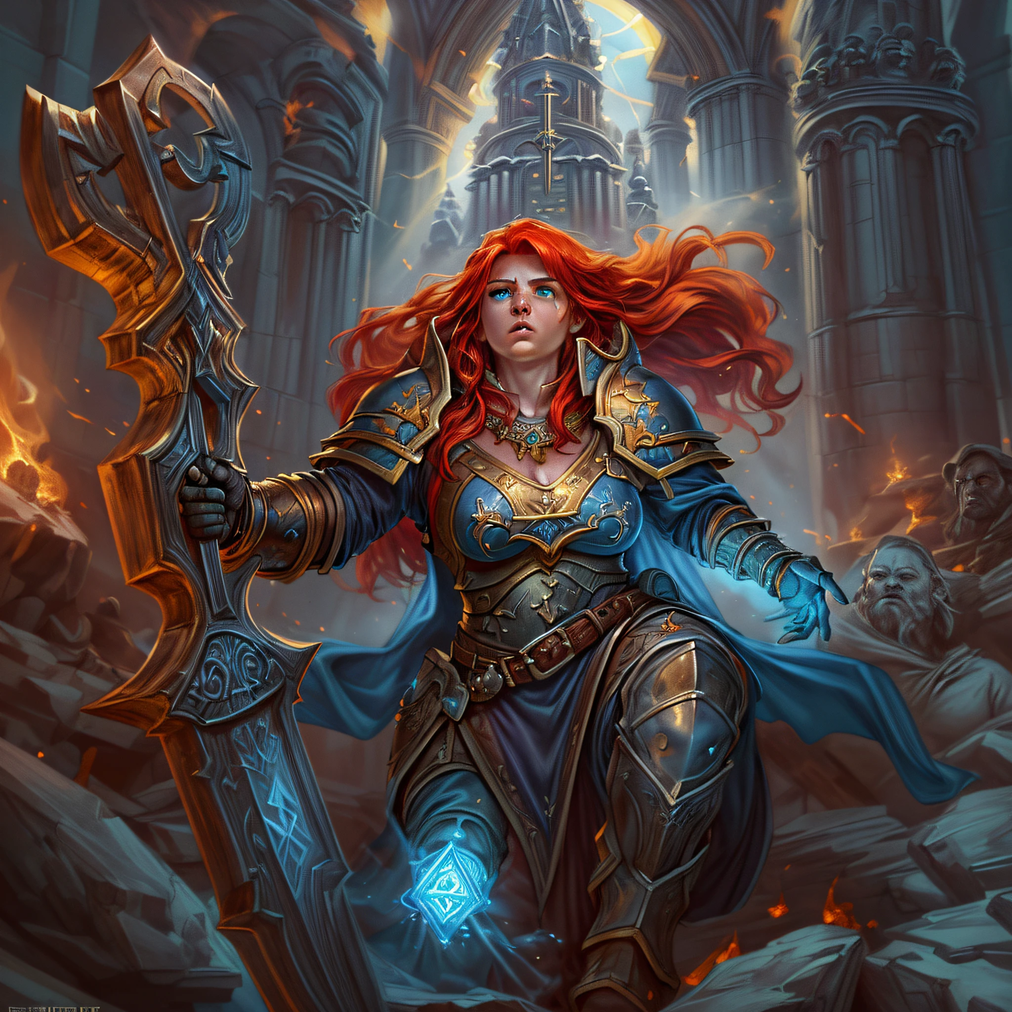 high details, best quality, 8k, [ultra detailed], masterpiece, best quality, (extremely detailed), dynamic angle, ultra wide shot, photorealistic, fantasy art, dnd art, rpg art, realistic art, an ultra wide picture of female dwarf cleric, holding axe with red fire on it , casting a spell, wearing heavy armor, white armor (best details, Masterpiece, best quality: 1.5), blue cloak (intricate details, Masterpiece, best quality), holy symbol,(best details, Masterpiece, best quality: 1.5),  from symbol GlowingRunes_paleblue, beautiful female dwarf, ultra detailed face, ultra feminine, red hair, intense eyes, green eyes, D&D female dwarf (best details, Masterpiece, best quality: 1.5) fantasy temple background, celestial background, ((divine worship atmosphere)), high details, best quality, highres, ultra wide angle