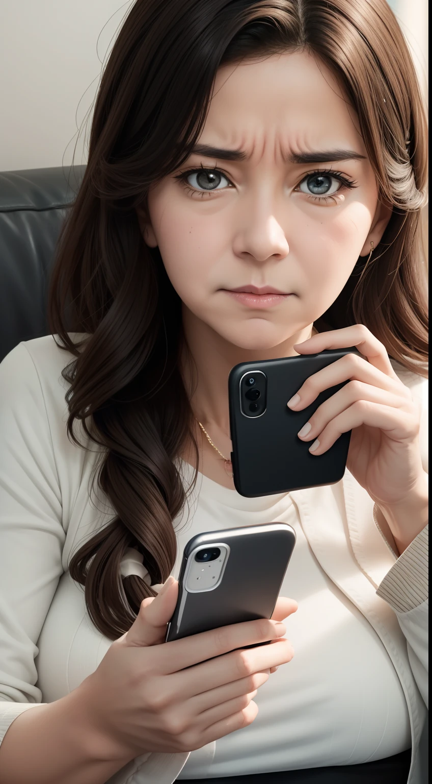 Create an image of a mother making a TikTok video with her smartphone. The mother's face has a embarrassed or frustrated expression.