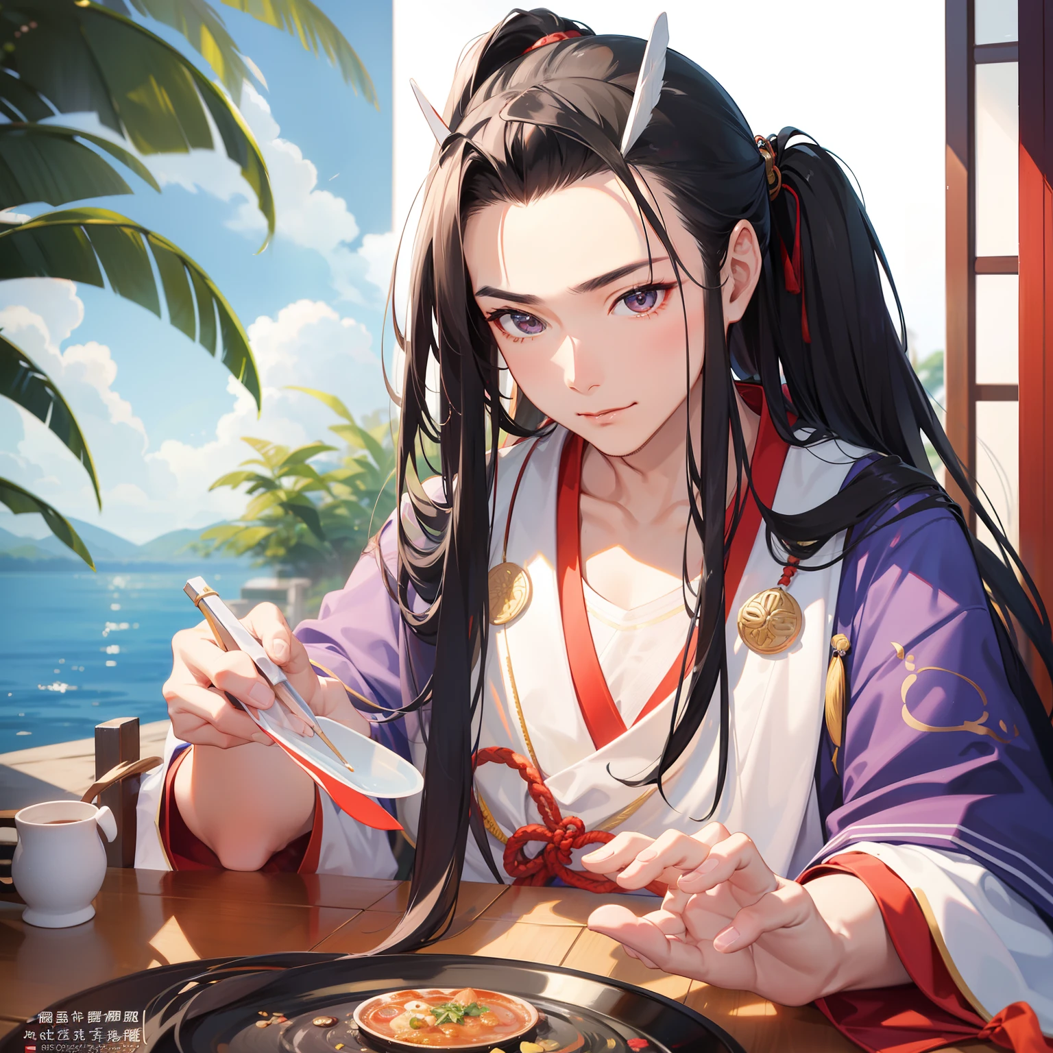 Chinese men,Long hair,Black hair,Bunched hair,Check Toyota,Half a ponytail,Deep eyes,Wear black Hanfu,Chinese black antique clothing,Look to the lens,Facing the camera squarely,full bodyesbian,Contour light,toplight,ssmile