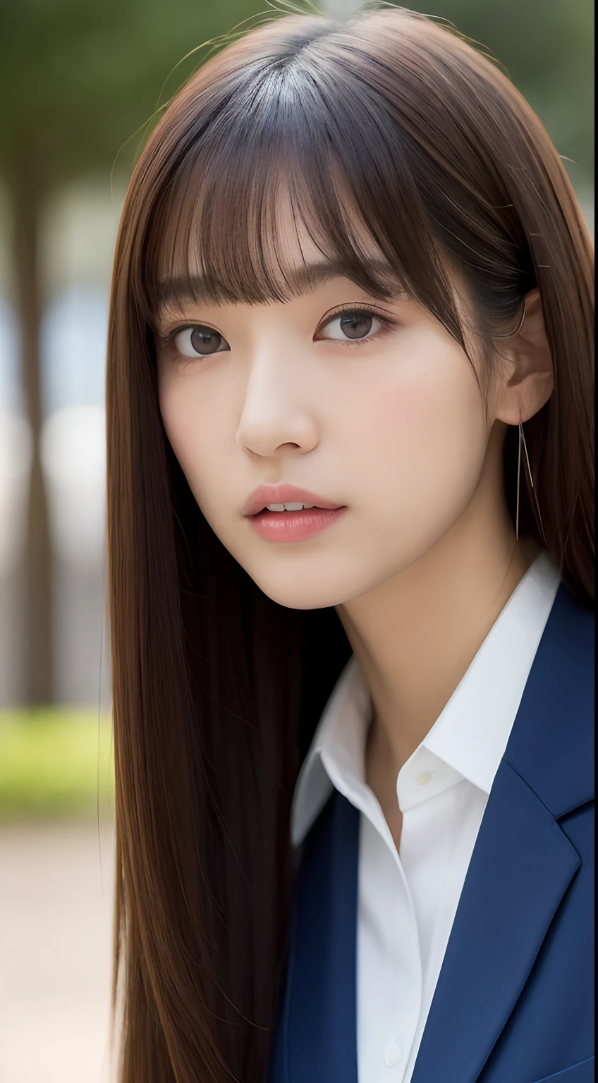 (top-quality、8K、32K、masuter piece、nffsw:1.2)、Photo of a cute Japanese woman、女の子1人、profile、(Colossal tits:1.2)、(Tall lady)、(slim figure:1.2)、(s lips) 、（Medium short dark brown hair）、二重まぶた、Business suits、Realistic rays、