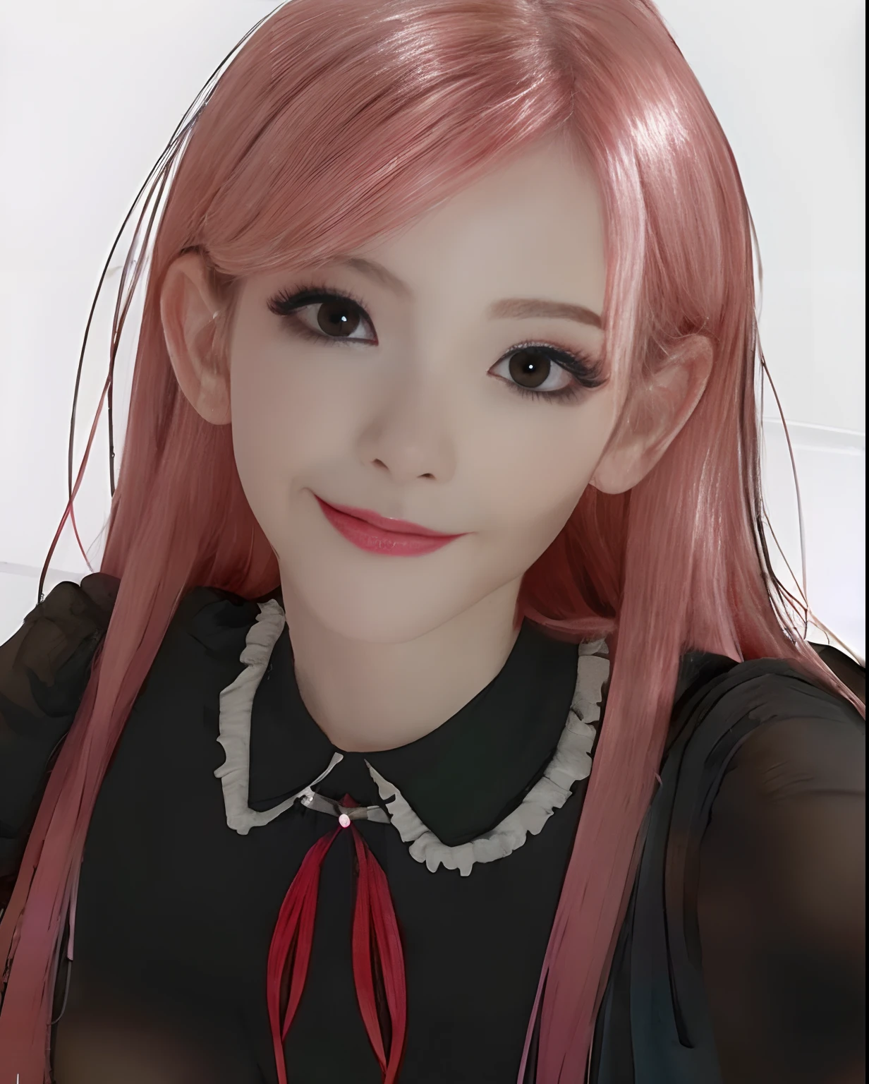 1 girl, pink hair, red eye, detail face, detail eye, black drees, masterpiece  photograpy  realistic, best image quality, ultra detail, high quality, very realistic, very detail,.