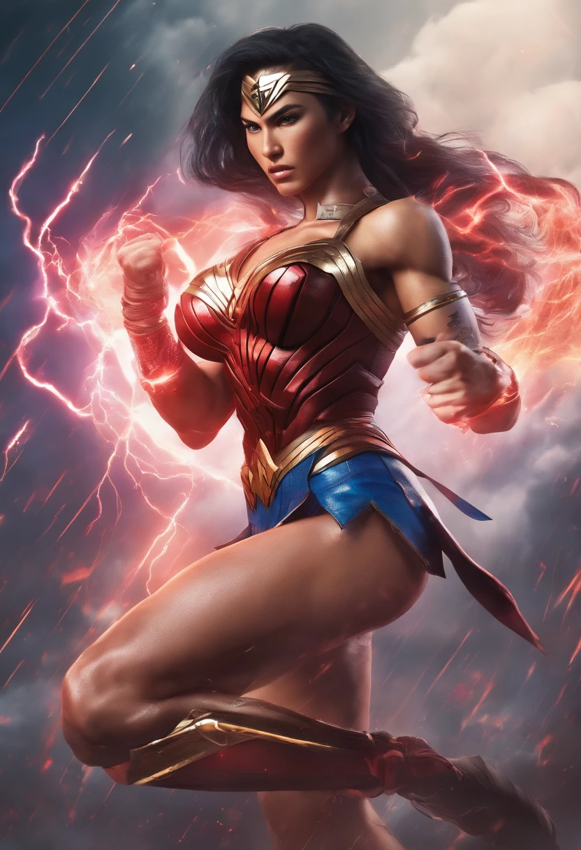 realistic 3d rendering of Wonder woman fused Kirana (mortal Kombat), surrounded by lightning, big muscular, full body photography, hyperrealistic