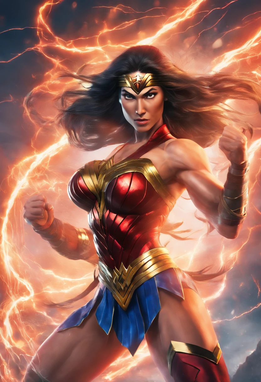 realistic 3d rendering of Wonder woman fused Kirana (mortal Kombat), surrounded by lightning, big muscular, full body photography, hyperrealistic