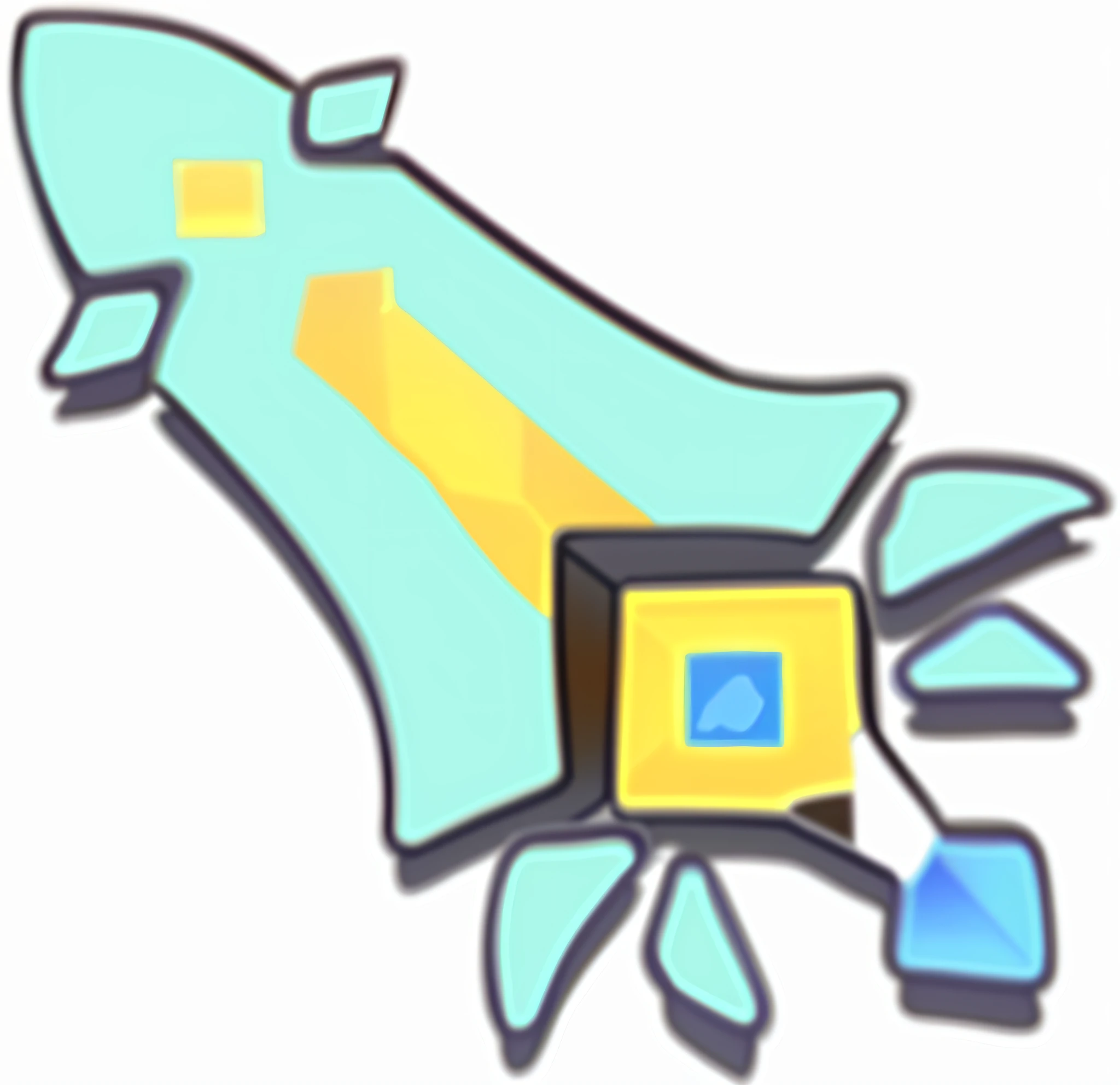 Cartoon image of broken screen and broken screen computer, super glitched, style of ghost blade, Disconnected shape, stylized layered shapes, stylised flat colors, lineless, arcane art style, low polygon, duck shaped spaceship, spike shell, space ship gribble, style of duelyst