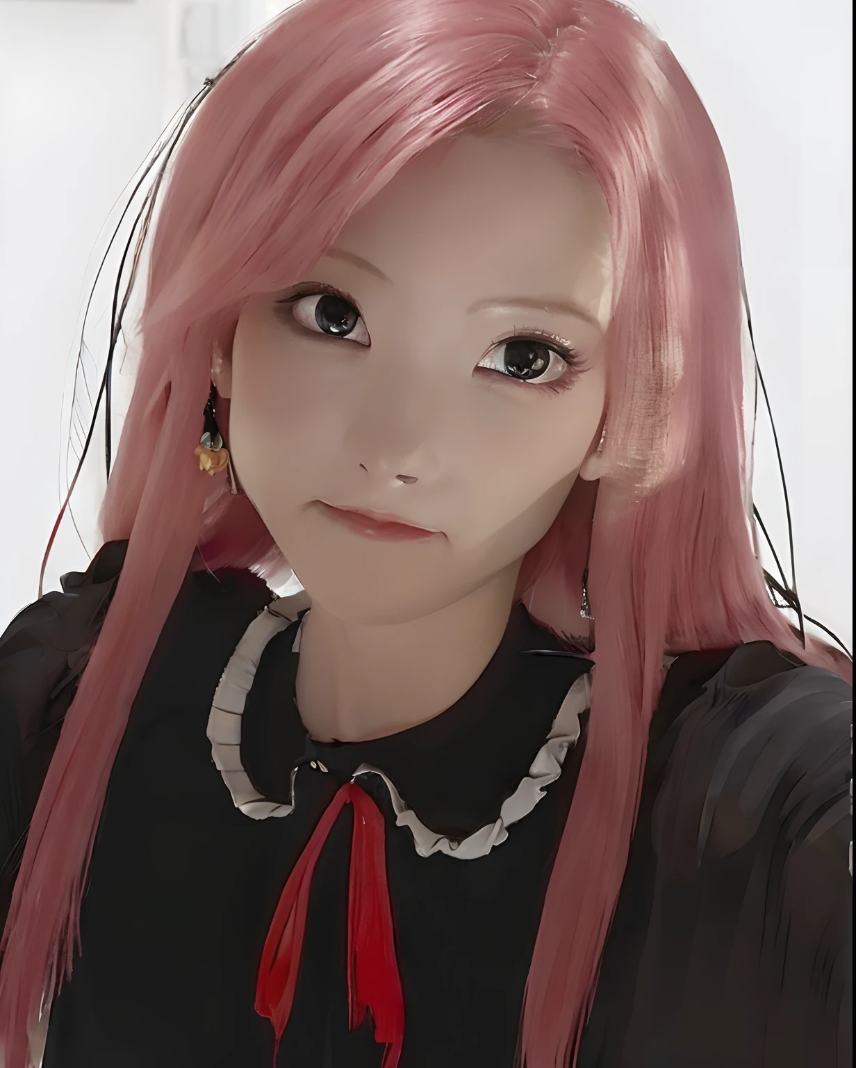 1 girl, pink hair, red eye, detail face, detail eye, black drees, masterpiece photograpy realistic, best image quality, ultra detail, high quality, very realistic, very detail,.