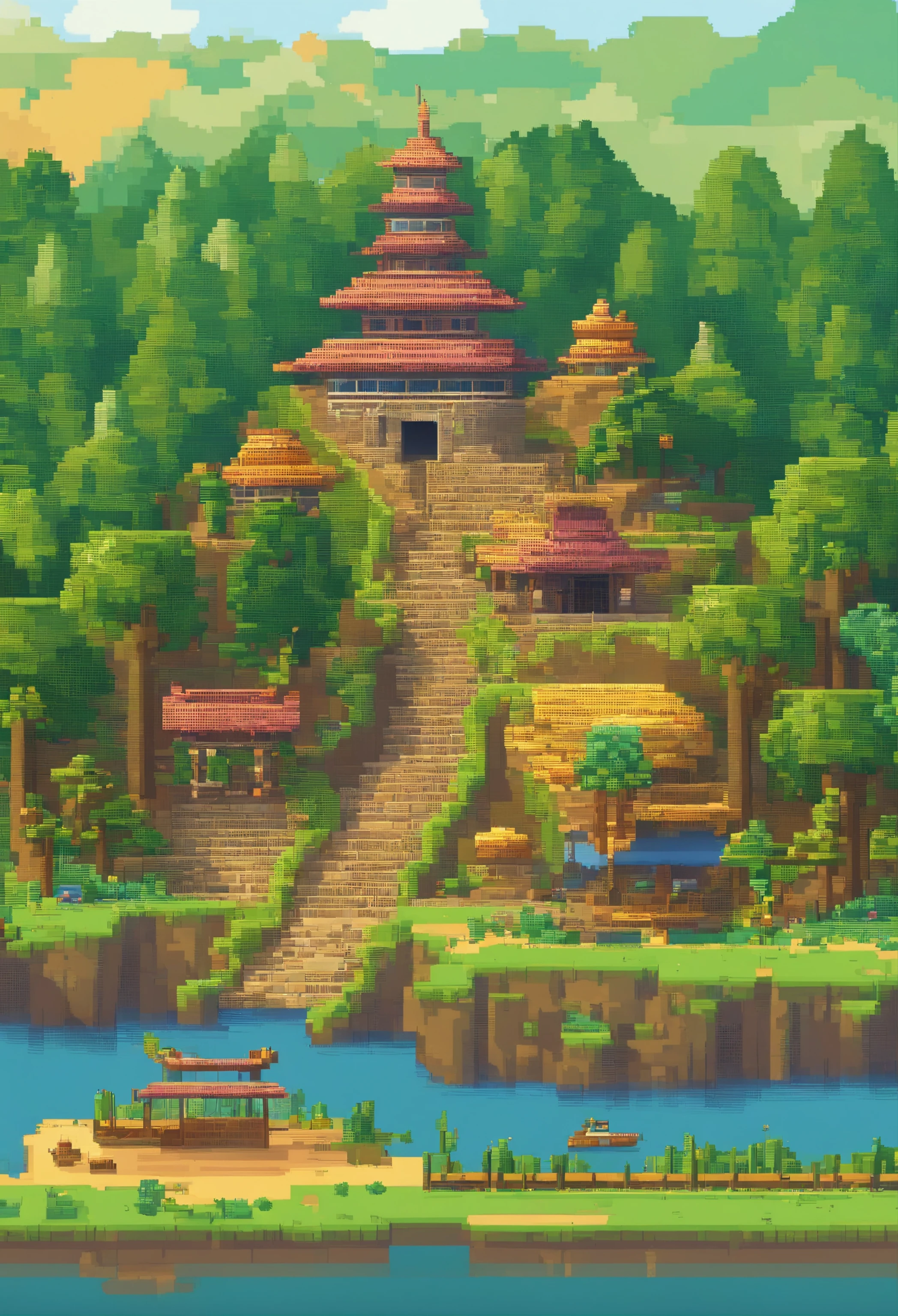 Pixel art tourism destination landscape. Morning. 3D pixel art 4K wallpaper. Incredible pixel art detail. Pixel art. Detailed Unreal Engine pixel art