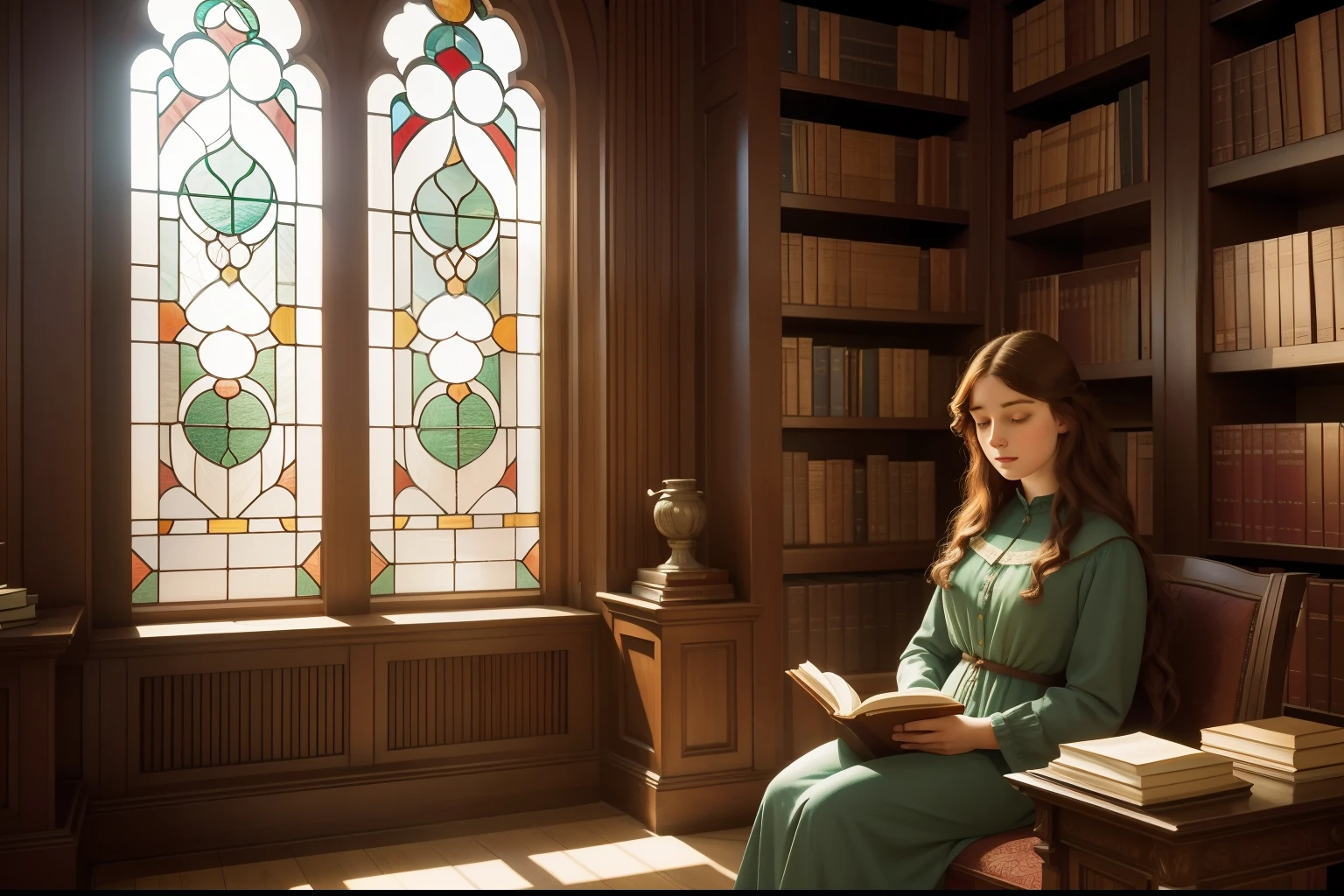 Embrace the Pre-Raphaelite aesthetic to depict the peacefulness of a sunlit, secluded library reading nook, with one figure, a fair-skinned scholar, engrossed in a book, the warm light streaming through stained glass windows enhancing the tranquil ambiance.