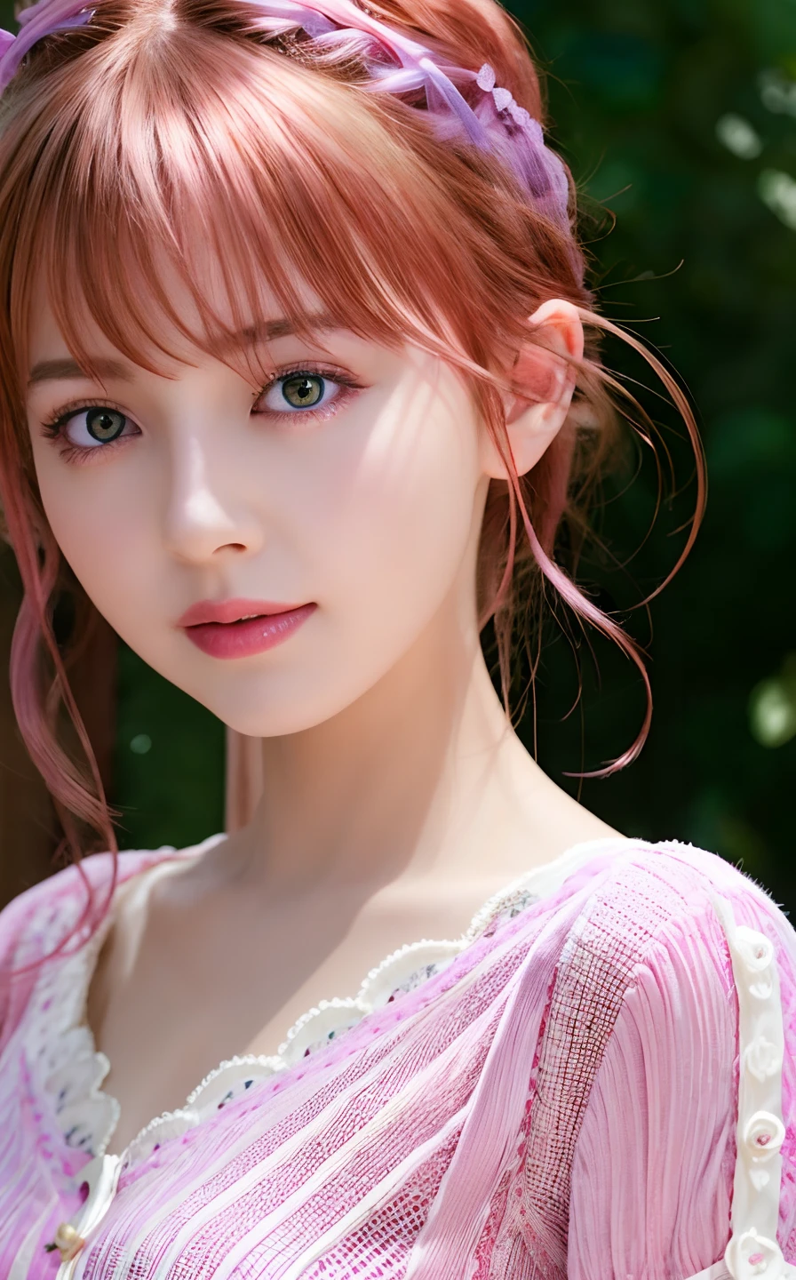 best quality, ultra high res, (photorealistic:1.4), (detailed beautiful girl:1.4), (medium breasts:0.8), looking_at_viewer, Detailed facial details, beautiful detailed eyes,pink hair, blue eyes, slender, haunting smile, (makeup:0.3), red lips, highly detailed clothes, (ulzzang-6500-v1.1:0.3)