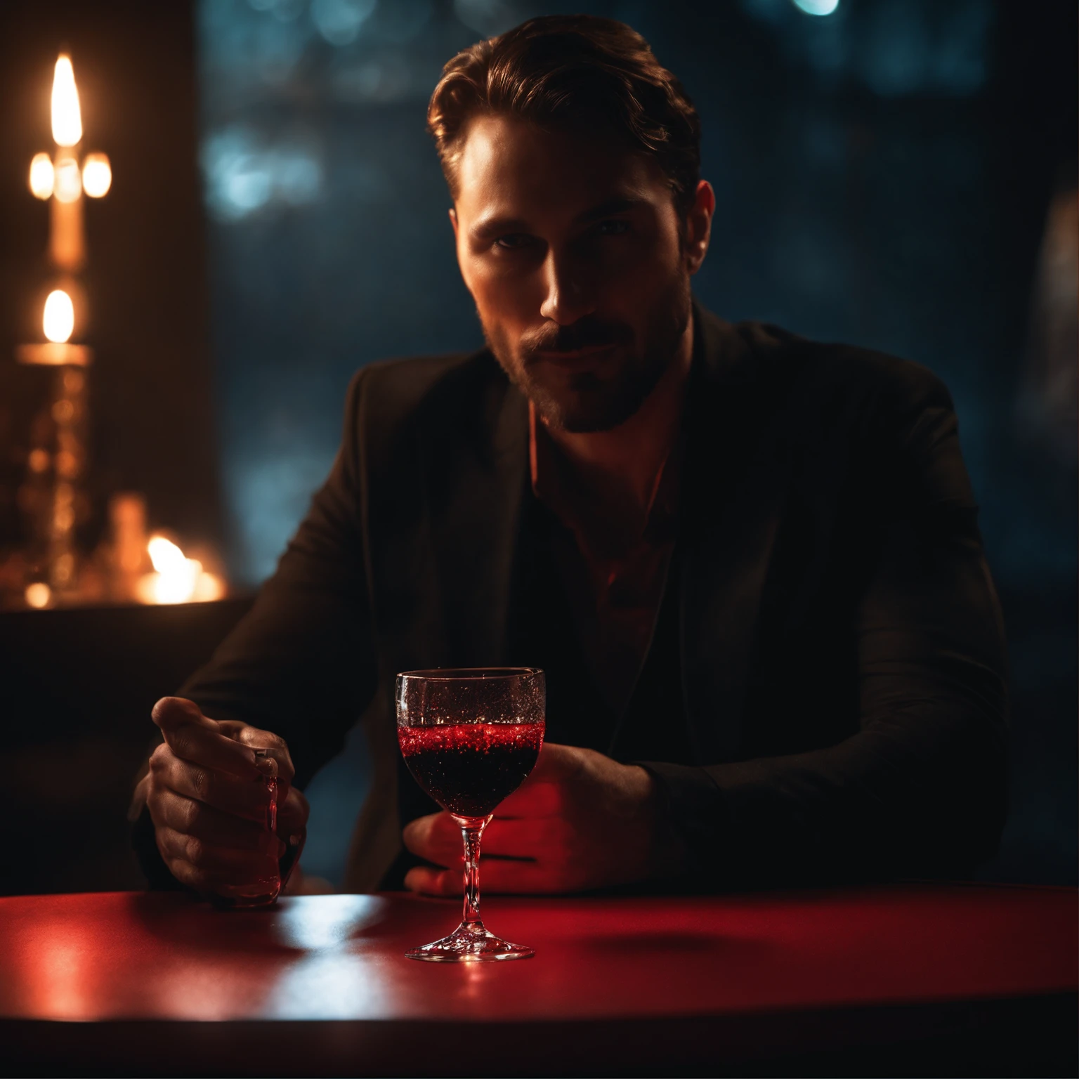 The man in the dark room was drinking, Sparkle and sparkle, Black and scarlet, RPG style, In the background chip, Photo, Professional films, professional picture, Ultra detailed, Ultra photo realsisim, Cinematic, Sharp focus