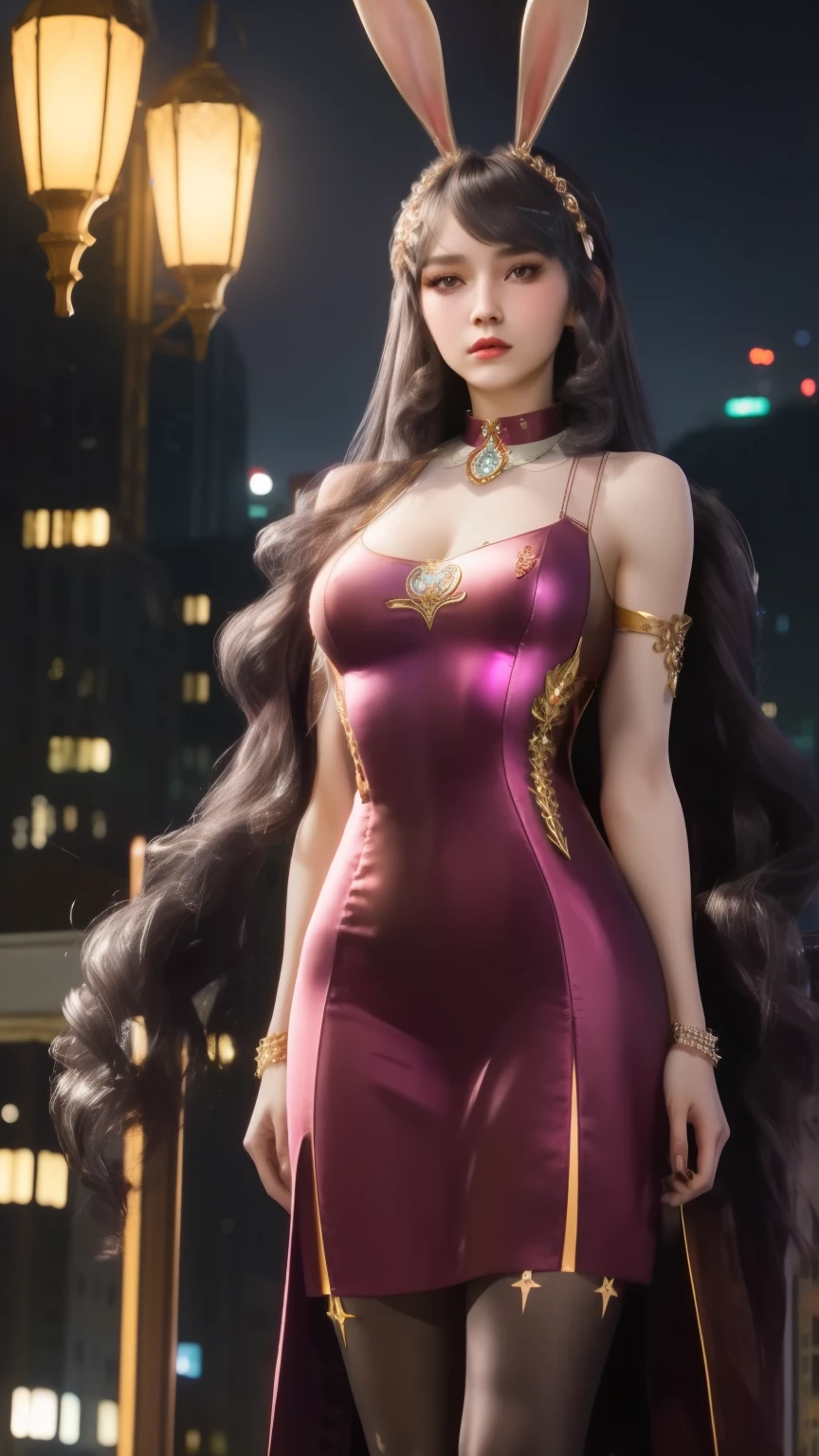1girl,rabbit ears,long dress,long hair, hair ornament, ponytail, collar,metal collar,shiny,cityscape, night, looking at viewer, mature female,pantyhose,arms behind back