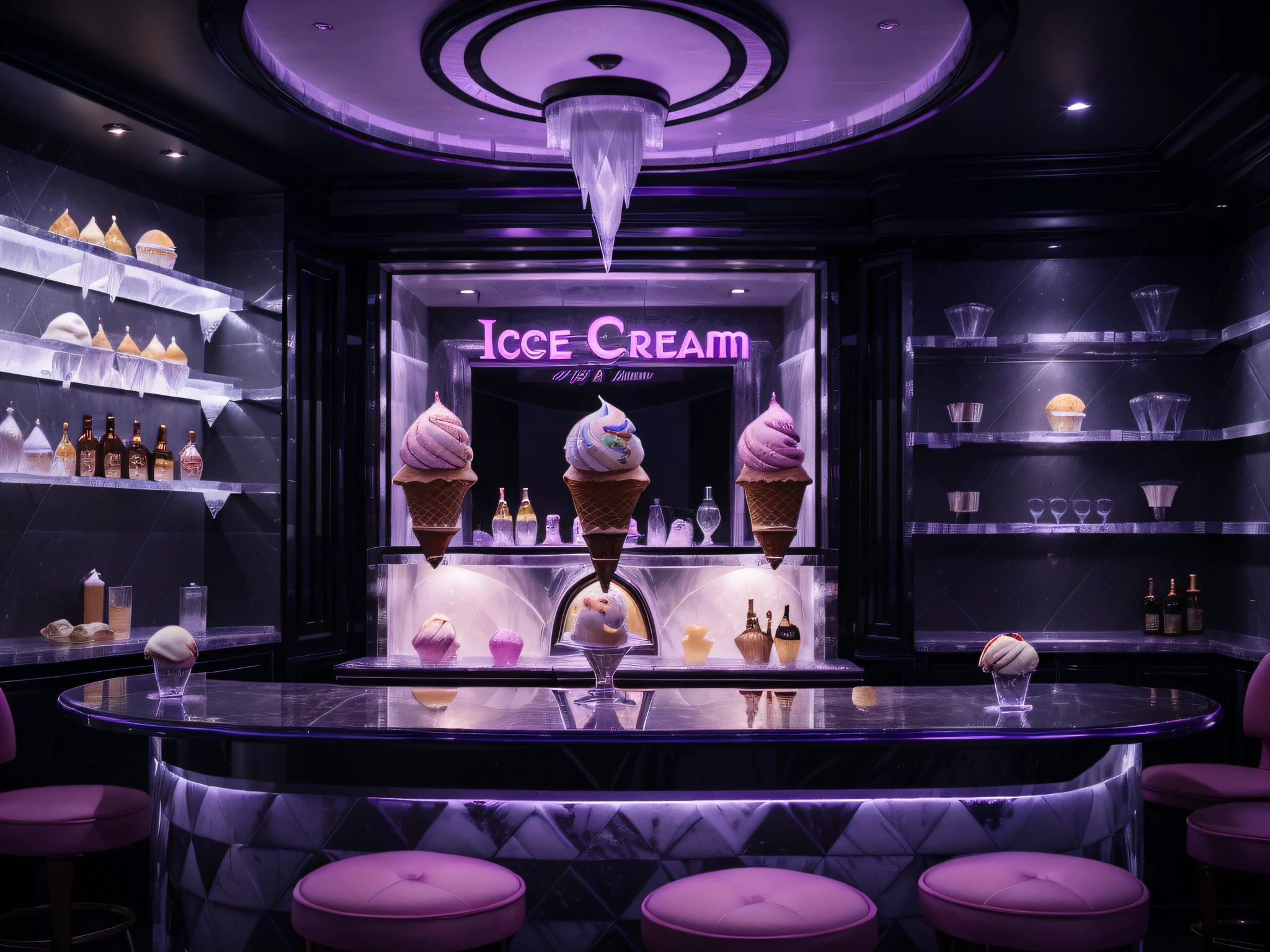 luxurious (((ice cream))), luxurious bar, high tech, cyberpunk, future (best quality, 64k, highres:1.2), ultra-detailed, realistic:1.37, HDR, vivid colors, dramatic lighting,