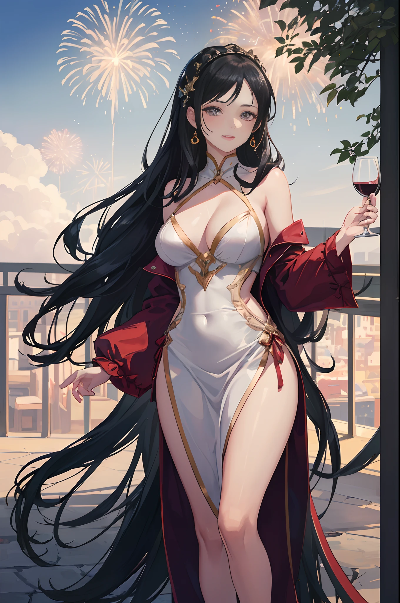 ((A sexy and beautiful woman holding a wine glass and looking at me on the terrace)), ((The cutest 22-year-old beauty)), Charming smile, ((Fireworks in the background) ), ((Very long hair) ), ((One piece with a lot of exposed parts)), ((Rich bust)), Gradient eyes, Seductive makeup, Single view, NFFSW, UHD, Retina, Masterpiece, Accurate, Anatomy Scientifically correct, textured skin, super detail, high detail, high quality, award winning, highest quality, high resolution, 1080P, HD, 4K, 8k, 16k