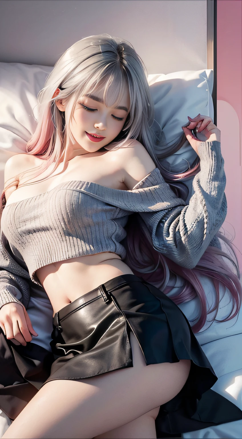 （Woman lying on bed）1 girl, Silver hair, striated hair, Bangs, Blunt bangs, Long hair, Pink hair, aqua eyes, ((Eyes closed)）, makeup, Smile, Parted lips, Realism, Verism, surrealism, depth of fields, One-person viewpoint, F/1.8, 135 mm, canon, nffsw, retinas, masutepiece, ccurate, Anatomically correct, Textured skin, Super Detail, high details, High quality, Best Quality, hight resolution, 1080p, hard disk, 4K, 8K、（Coarse short sweater）Floats off the shoulders、off shoulders、Black tight skirt、（yawning）