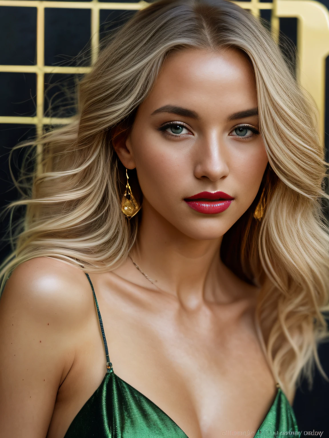 (Helena Lovista) photo of a stunning beautiful woman in the cover of a fashion magazine, long messy windy blonde hair, green eyes, (magazine style:1.3), modelshoot style, (extremely detailed CG unity 8k wallpaper), photo of the most beautiful artwork in the world, professional majestic oil painting by Ed Blinkey, Atey Ghailan, Studio Ghibli, by Jeremy Mann, Greg Manchess, Antonio Moro, trending on ArtStation, trending on CGSociety, Intricate, High Detail, Sharp focus, dramatic, photorealistic painting art by midjourney and greg rutkowski, (sexy shiny golden dress:1.1), (looking at viewer), (detailed pupils:1.3), (modern outfit:1.2), (closeup), red lips, (earrings), (fashion magazine logo), (magazine text), (magazine title:1.1)